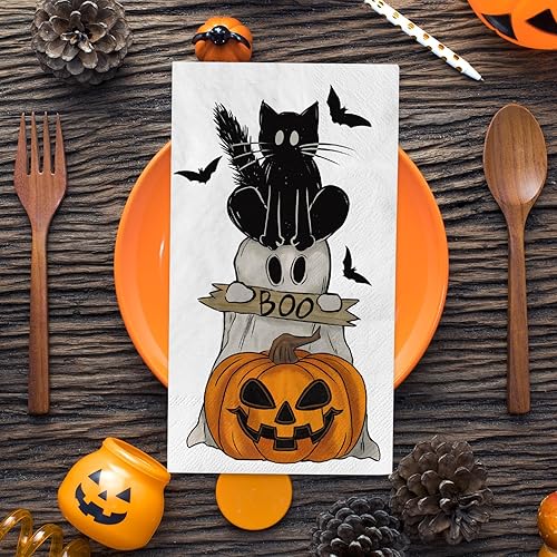 Miniatura 3 de AnyDesign 80 servilletas de Halloween para invitados, vintage, boo, fantasma, gato negro, calabaza, murciélago, servilletas de papel, servilletas de