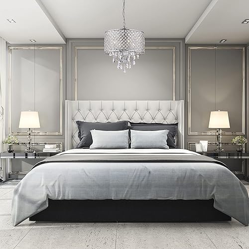 Miniatura 7 de Edvivi Marya - Candelabro de cristal de tambor, 4 luces glamorosas con acabado negro, lámpara de techo ajustable con pantalla redonda de cristal,