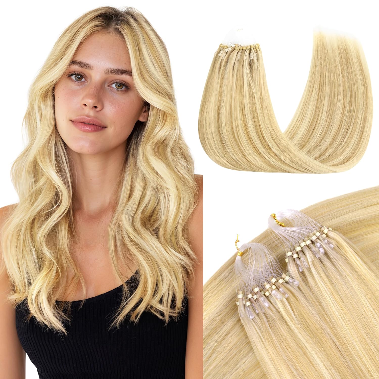 GOO GOO Micro Link Hair Extensions Real Human Hair, Upgraded 100g 100S, 22 Inch Cold Fusion Microlinks, Invisible Remy Hair, 18D/22F Dirty Blonde Highlights