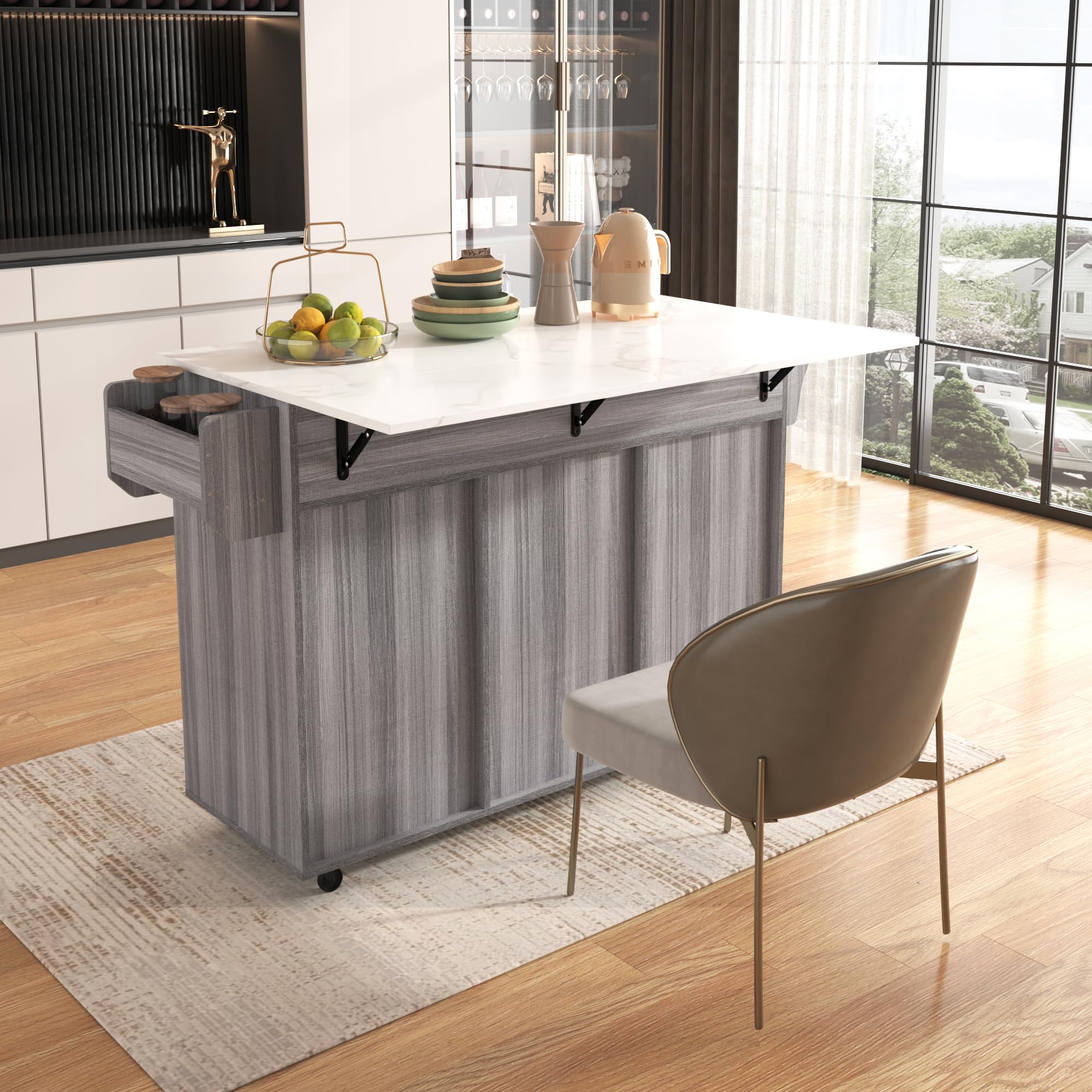 Isola della cucina con piano di lavoro pieghevole, carrello da portata mobile con 3 cassetti/2 armadietti/piedini in legno massello intercambiabili, 129 x 46 (71) x 91,5 cm