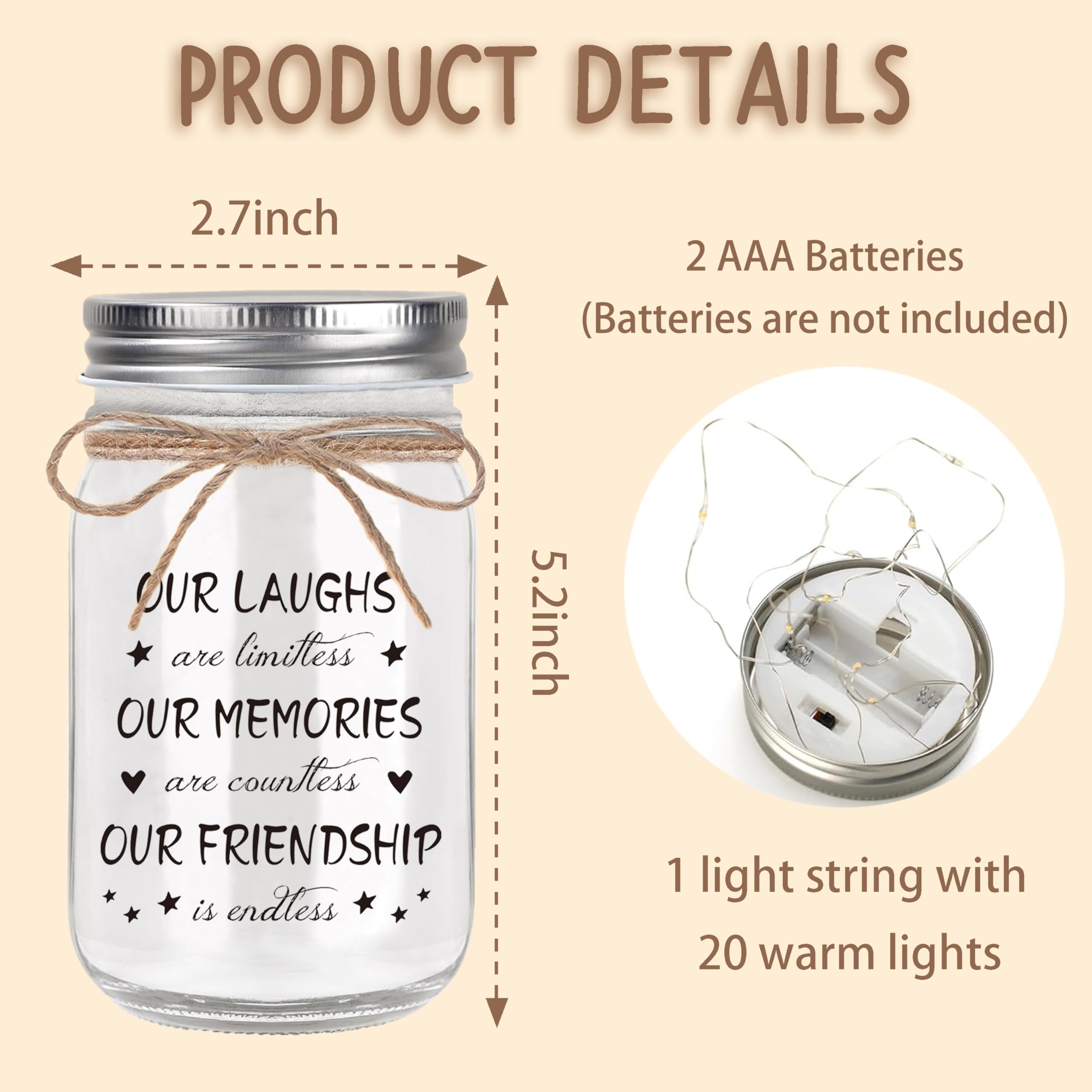 Friendship Gifts for Women Best Friend Birthday Christmas Gift - Mothers Day Gifts for Friends, Mason Jar Night Lights, Heartfelt Home Decor Gift