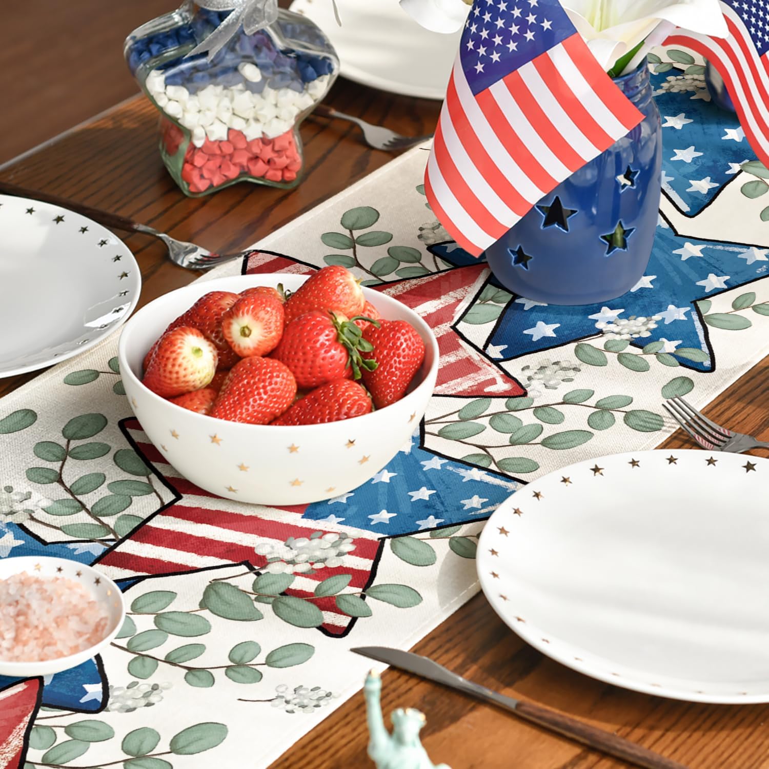 Artoid Mode American Flag Stars Eucalyptus 4th of July Table Runner, Memorial Day Kitchen Dining Table Decoration for Home Party Decor 13x72 Inch