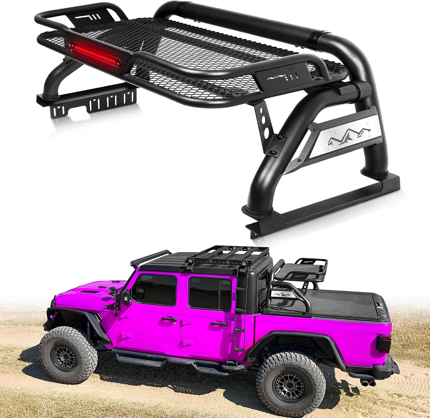 MONOKING Mid Size Roll Bar with Detachable Cargo Basket 3rd Brake Light, for Tonneau Cover for 2007-2026 Tacoma Gladiator Colorado Ranger Canyon Frontier Dakota, Rugged Carbon Steel