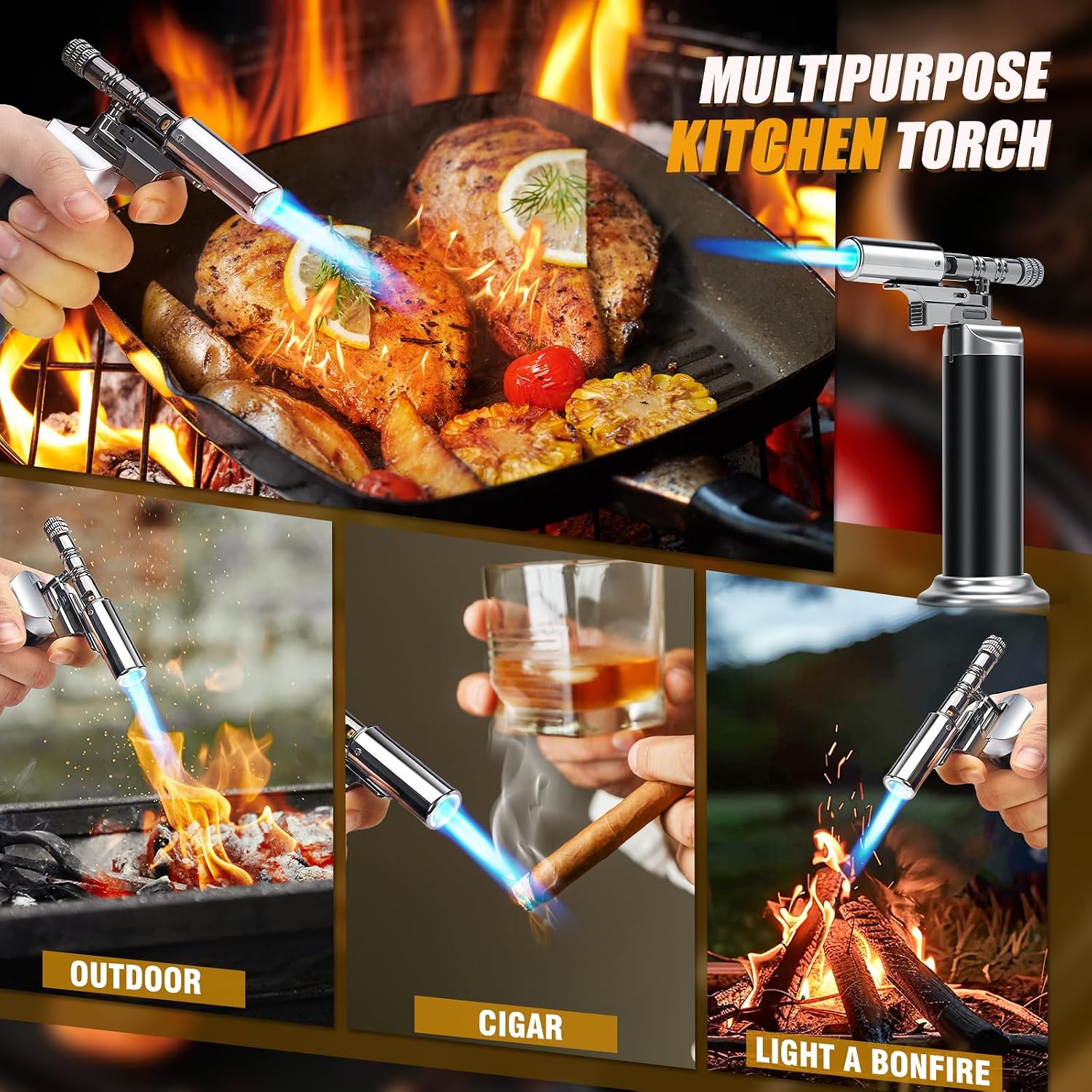 Butane Torch Lighter, Refillable Adjustable Flame,Culinary Creme Brulee Torch for BBQ, Searing Steak, Resin Art, Soldering & Welding,Black (Butane Not Included）
