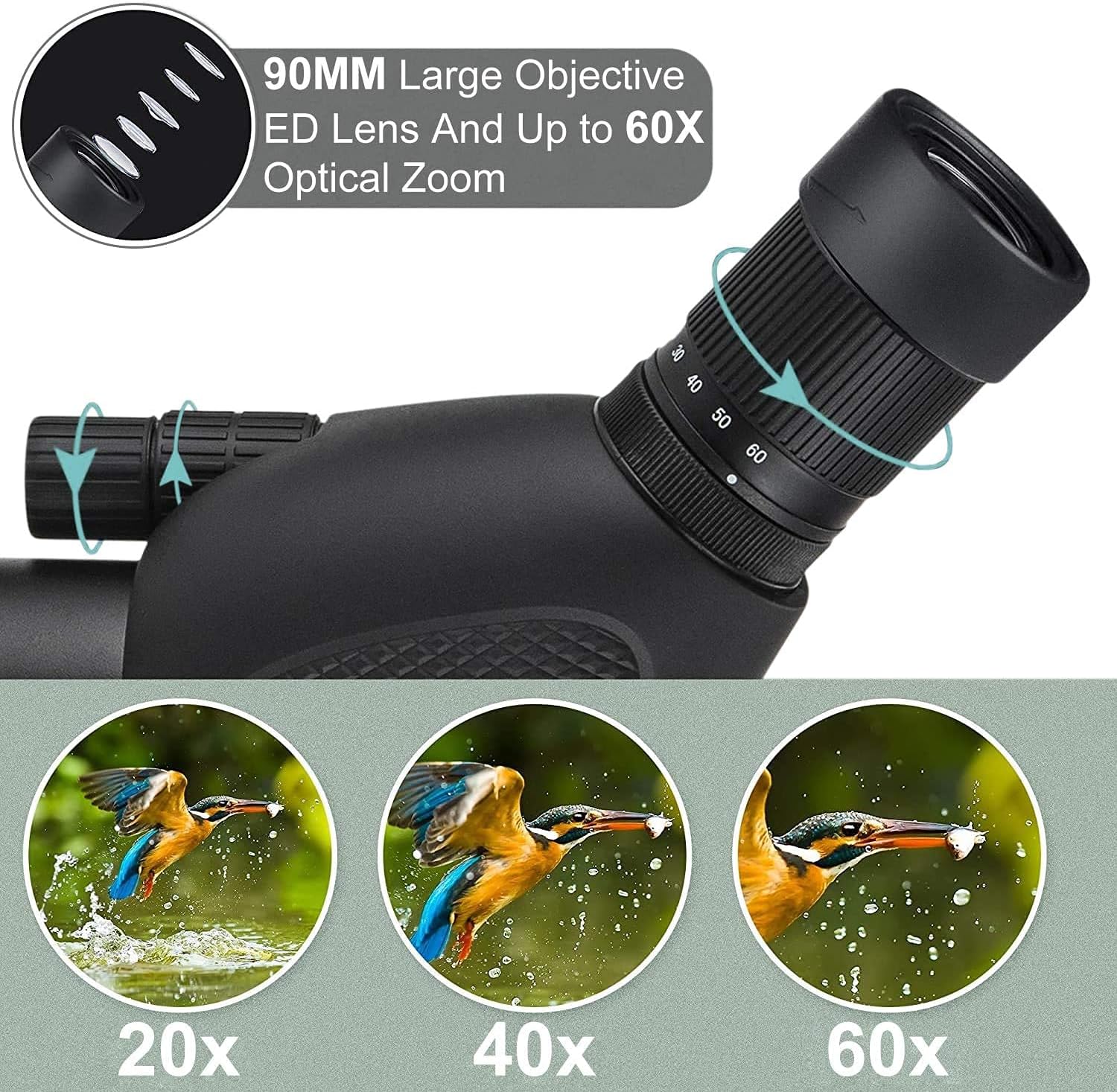 Spotting Scope, Dual Focusing 20-60X90 ED FMC Lens-BAK4 Prism Ultra HD Optics Telescope with Carrying Case Tripod and Smartphone Adapter for Target Shooting Hunting Bird Watching Wildlife Scenery : Electronics