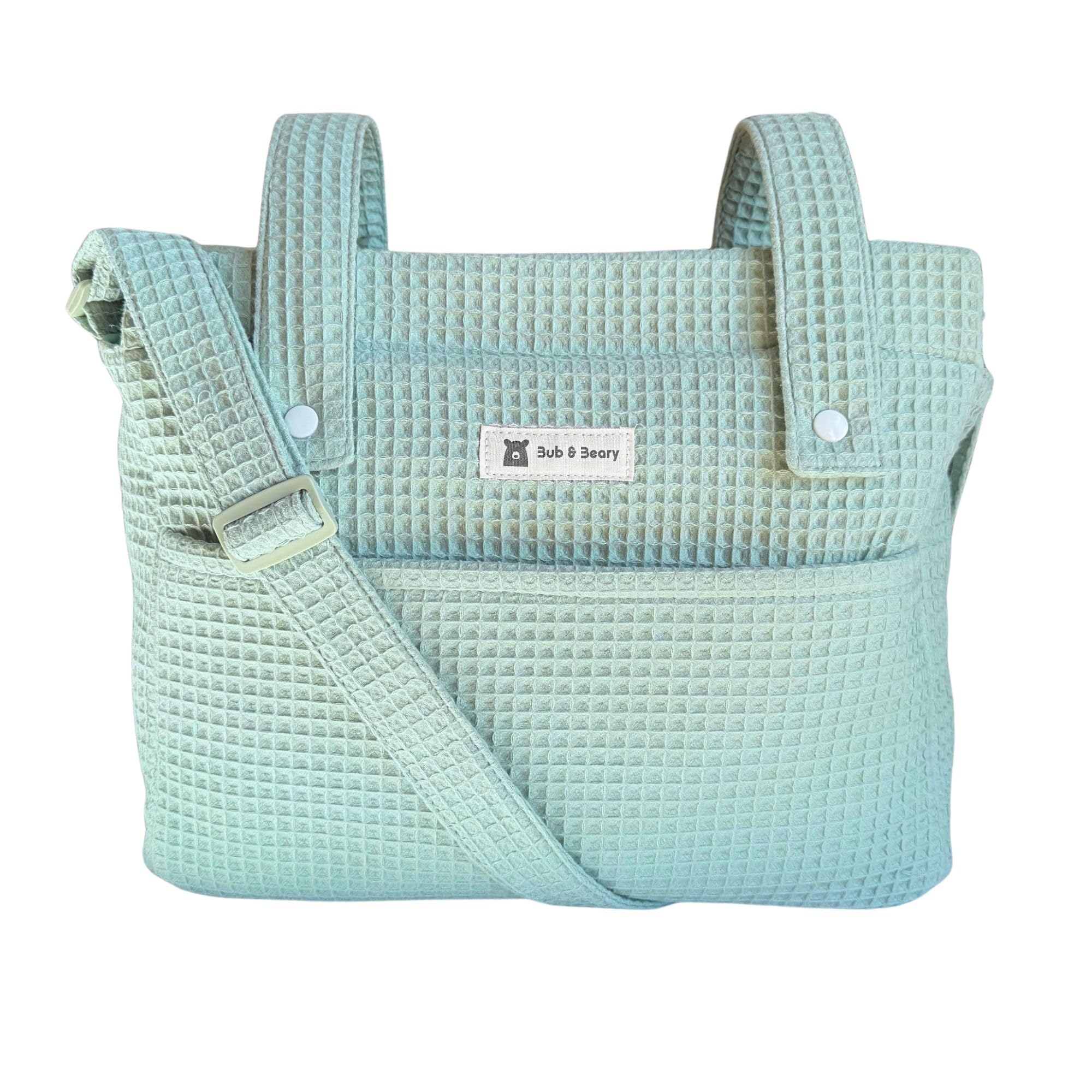 Bub&Beary Bolso Carrito Bebé 3 en 1 – Bolsa Paseo, Hospital y Organizador – Algodón Premium, Diseño Elegante y Sostenible – Regalo Baby Shower (Verde)