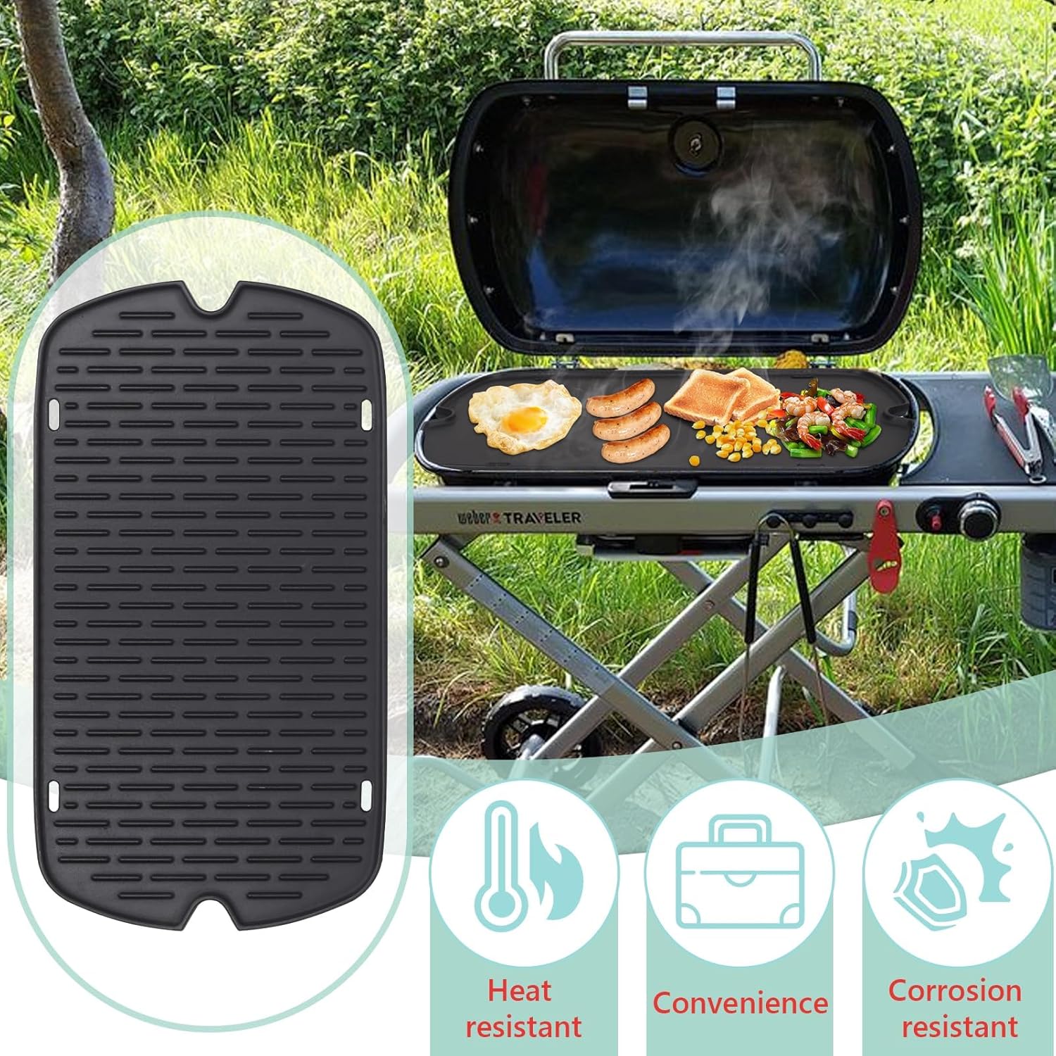 Cast Iron Griddle for Weber Traveler Portable Series Gas Grill 9010001 9013001 9020001 9030001 9011701, Reversible Griddle Insert Replacement Parts for Weber Traveler Grill Accessories with Carry Bag
