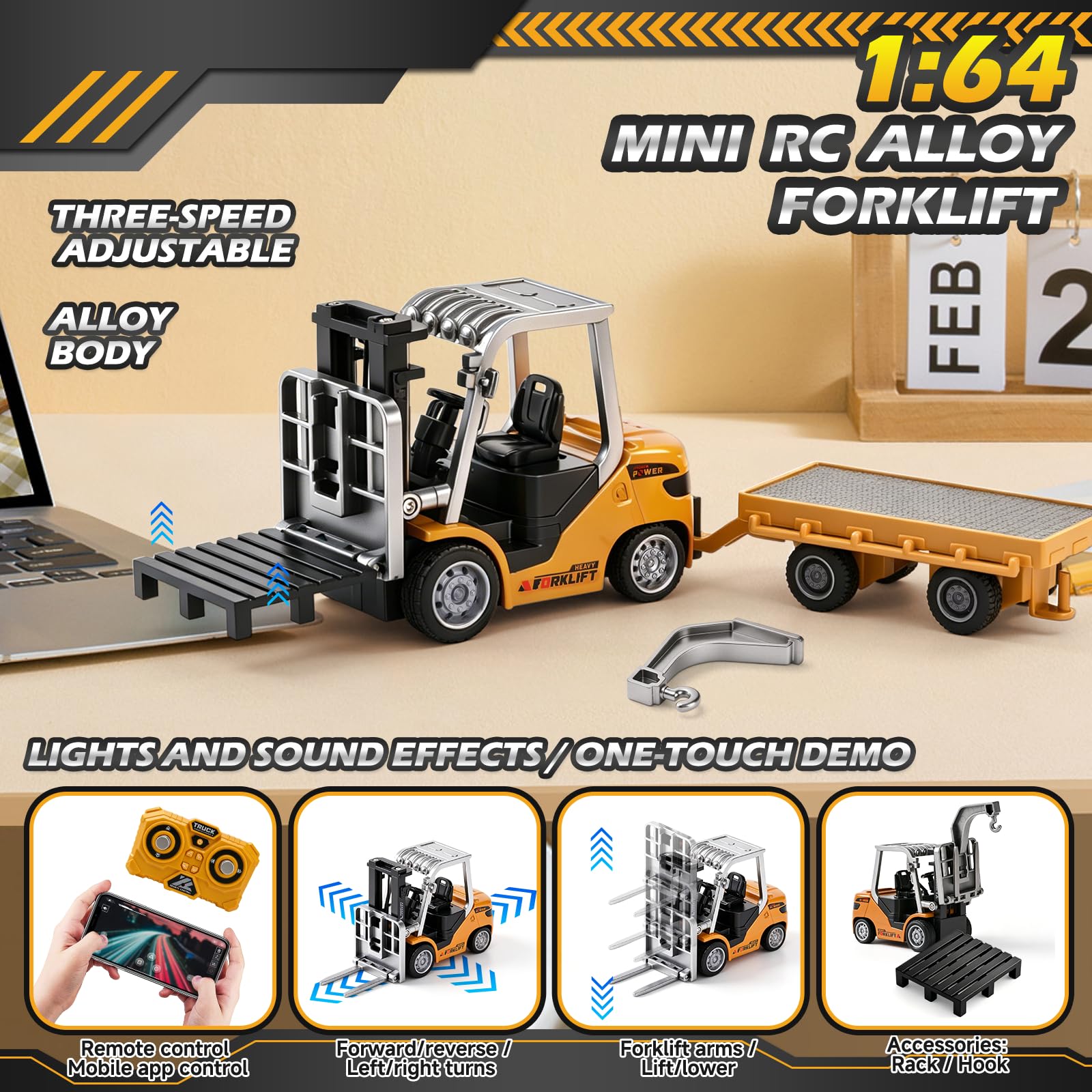Mini Carrello Elevatore Giocattolo in Metallo con Rimorchio, 1:64 Carrello Elevatore Telecomandato con App e Telecomando 2,4 GHz, 3 Velocità, Forche, Gancio e Pallet, Veicolo da Cantiere RC