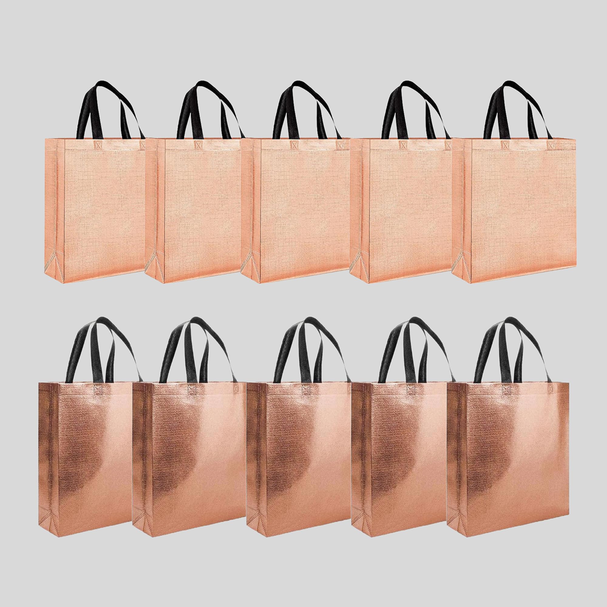 Evafly Gift Bag Medium Size Pack of 10 : L13 x W12 x D4 inch|Resuable Non-Woven Shiny Metallic Laminated|Return Gift For Haldi/Wedding Favours/Baby Shower/Birthday|2 colors|Rosegold + Copper