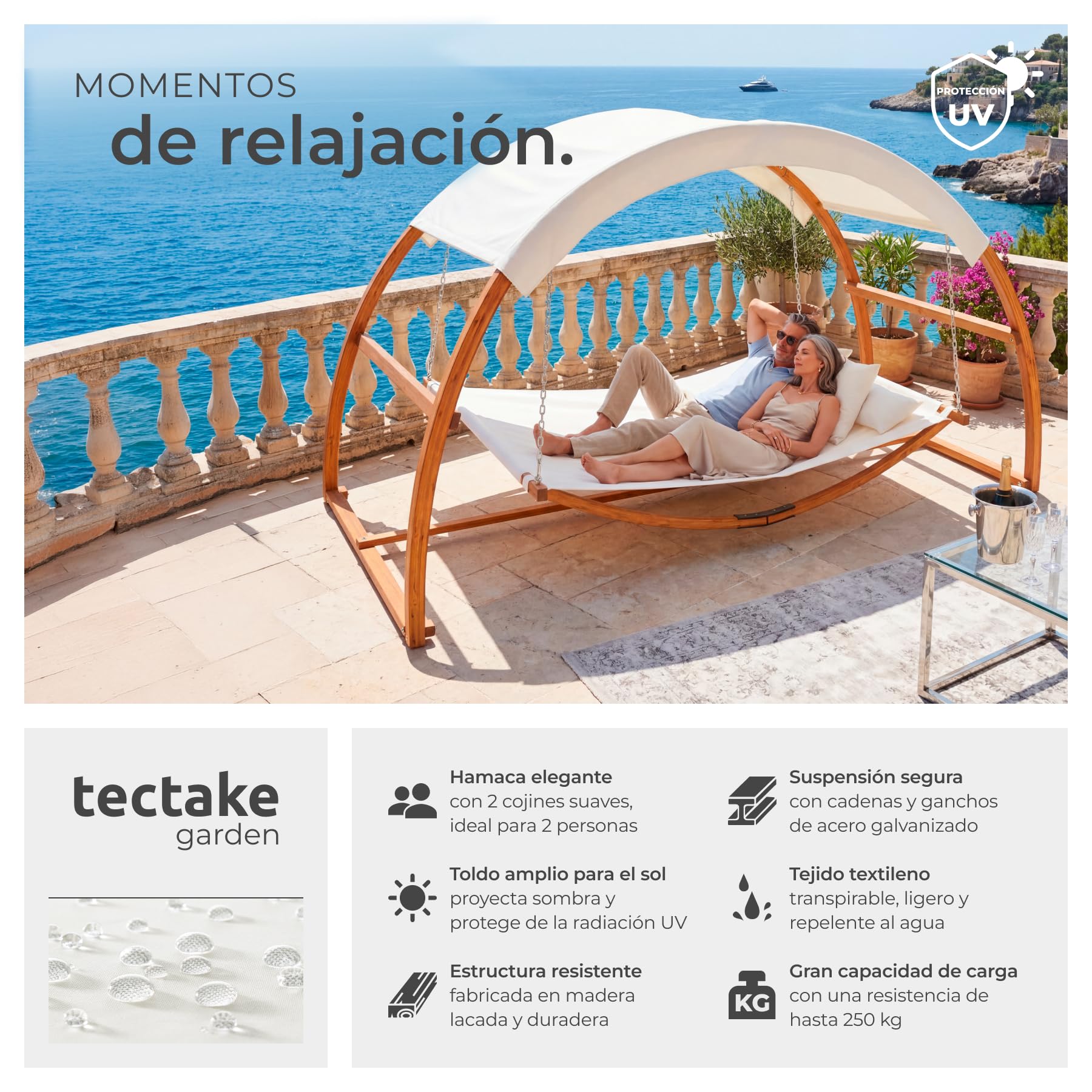 tectake® Hamaca Colgante para 2 Personas, Estructura de Madera Resistente con Techo, 2 Cojines Incluidos, Ideal para Jardín Terraza o Camping, 250 kg de Carga - 328 x 160 x 172 cm