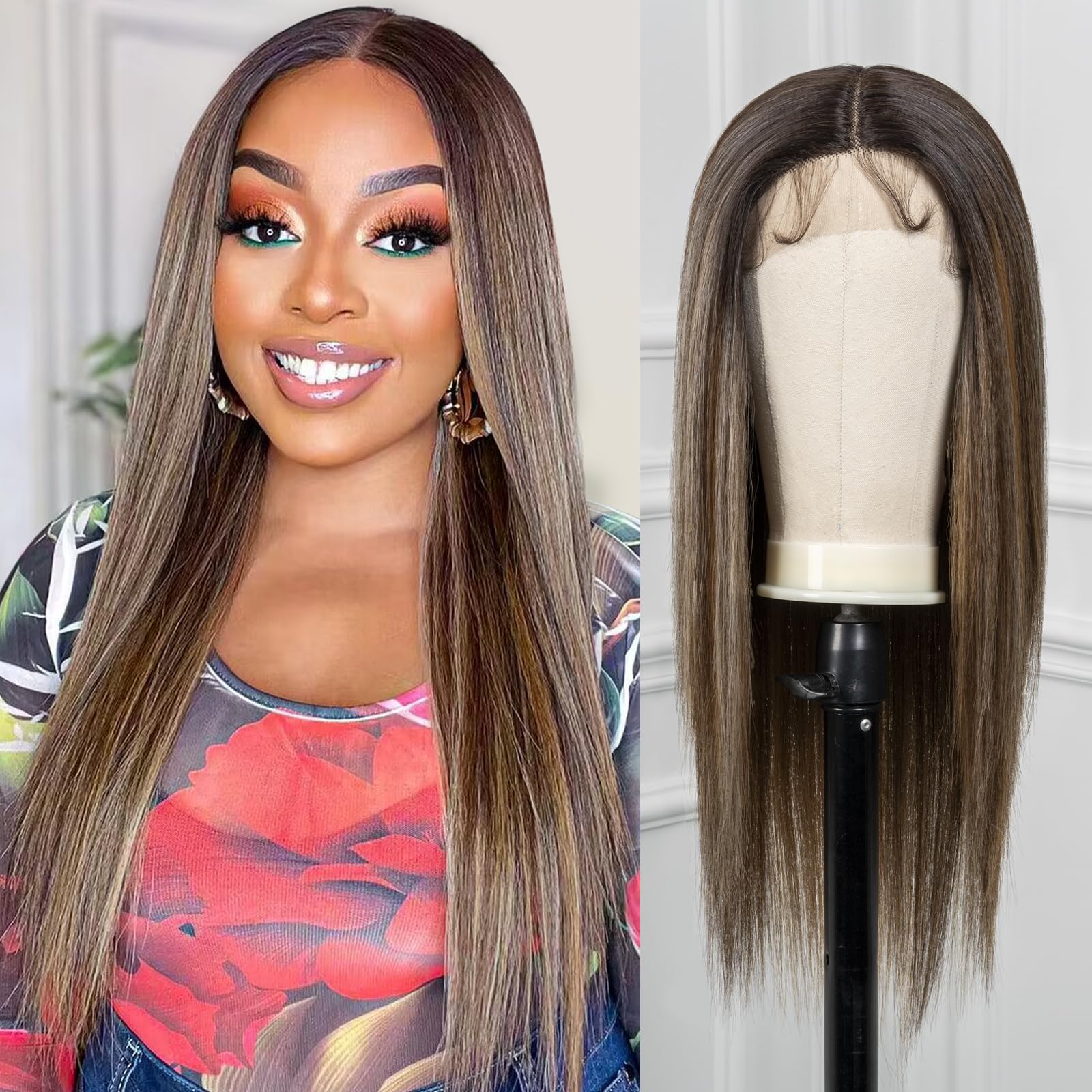 ToyoTress Brown Blonde Highlight Straight Lace Front Wig Synthetic - 20 Inch 13 * 4 Pre-Plucked Glueless Lace Wig, Mid-Length ZERO Tangle Light Yaki HD Lace Wigs for Black Women (20 Inch, OP4/27/613)