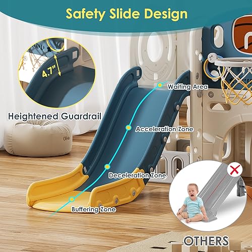 Miniatura 5 de BIERUM Tobogán 10 en 1 para niños pequeños con aro de baloncesto, tobogán al aire libre para niños pequeños de 1 a 3 años con casa de juegos para