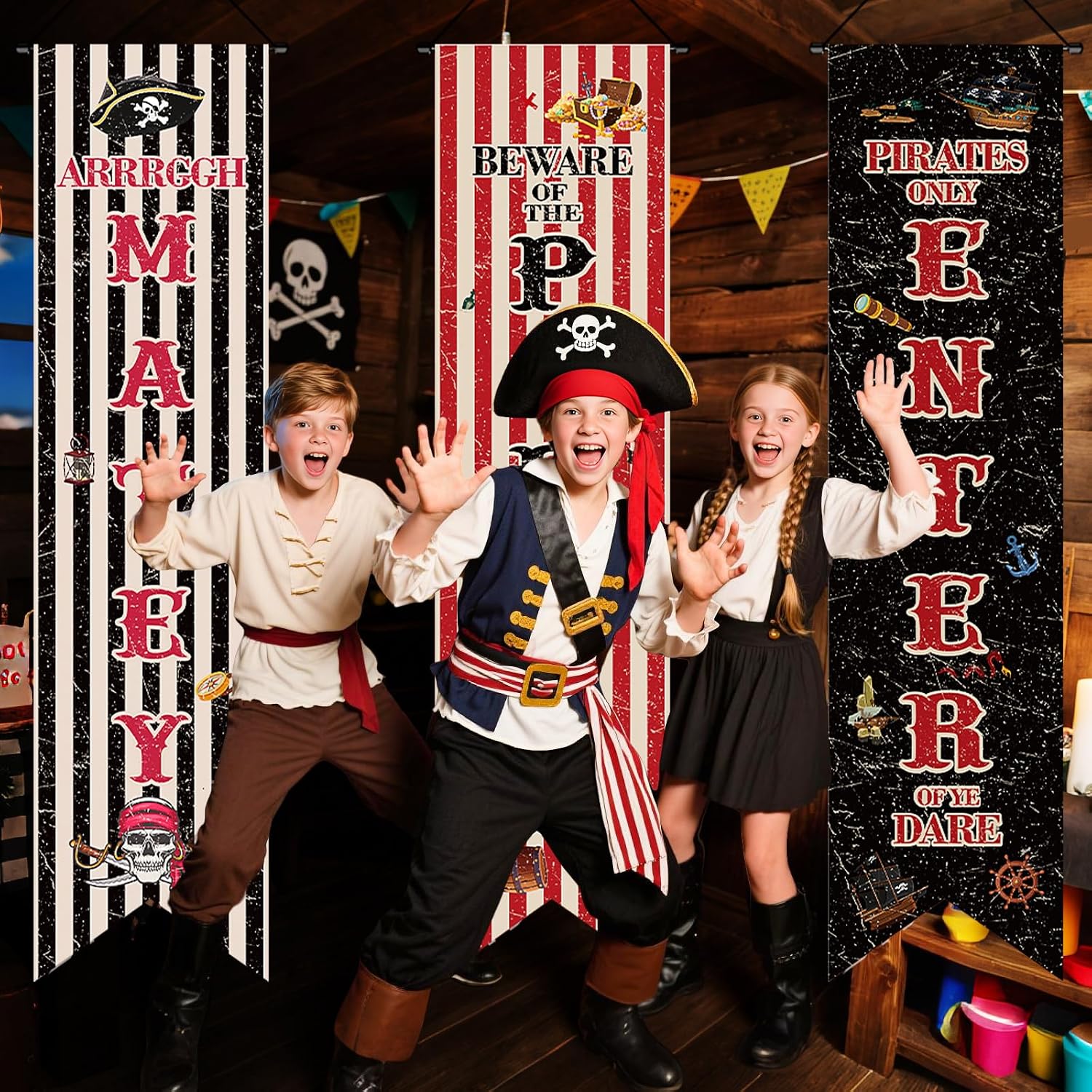 3 Pcs Pirate Party Banner Decorations, Nautical Treasure Map Porch Sign for Home Wall Decor, Pirate Theme Photography Backdrop Photo Prop for Adults and Family Party Supplies