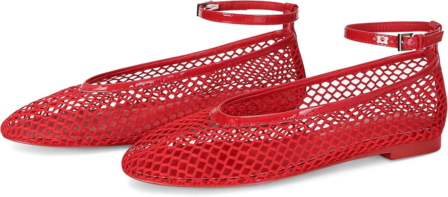 Mesh Ballet Flats for Women Round Toe Buckle Strap Fishnet Mary Jane Flats Comfy Casual Office Womens Summer Flats Shoes