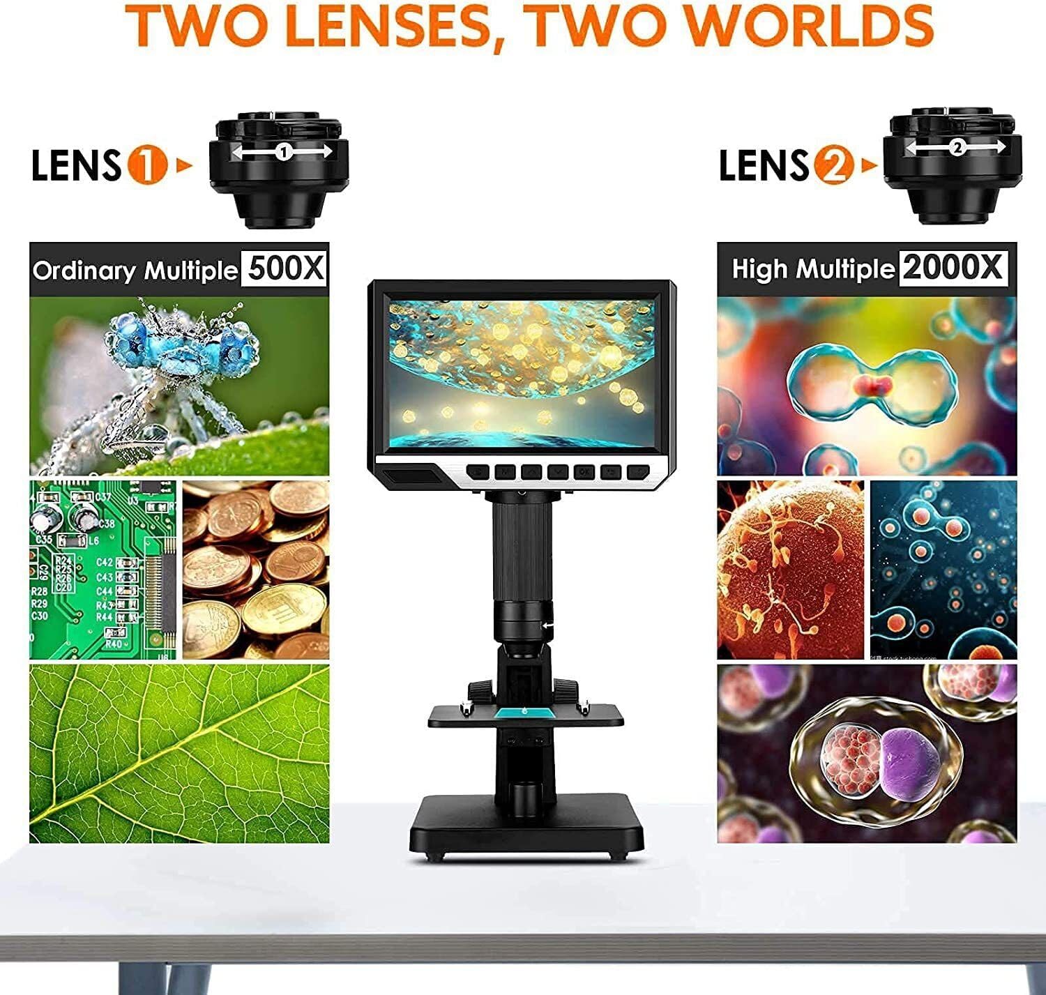 7'' 1080P LCD Digital Microscope 2000X Diamond Magnifier 10 LEDs 12MP Inspection