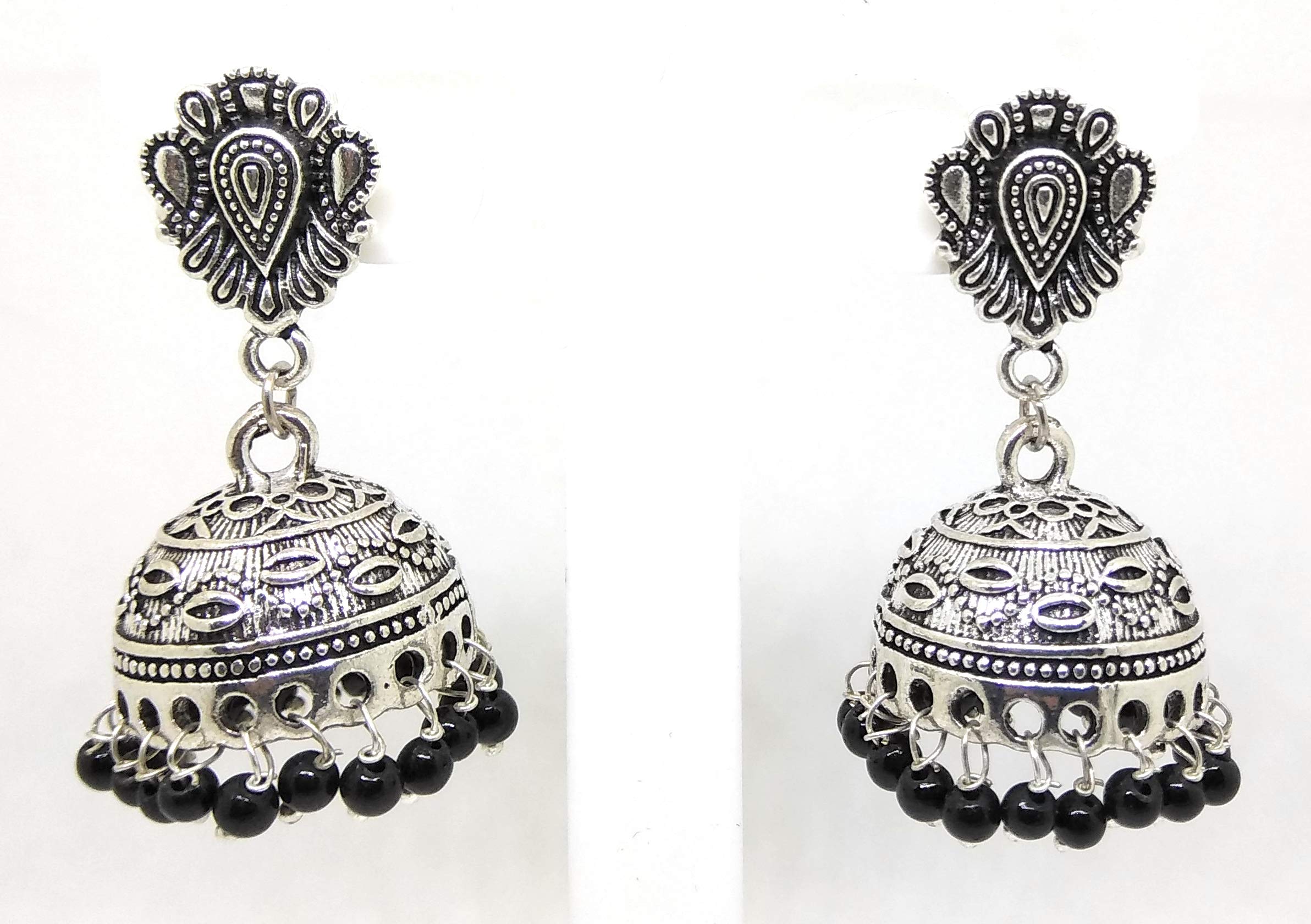 Oxidized jhumkas with black beads and studs-image-5