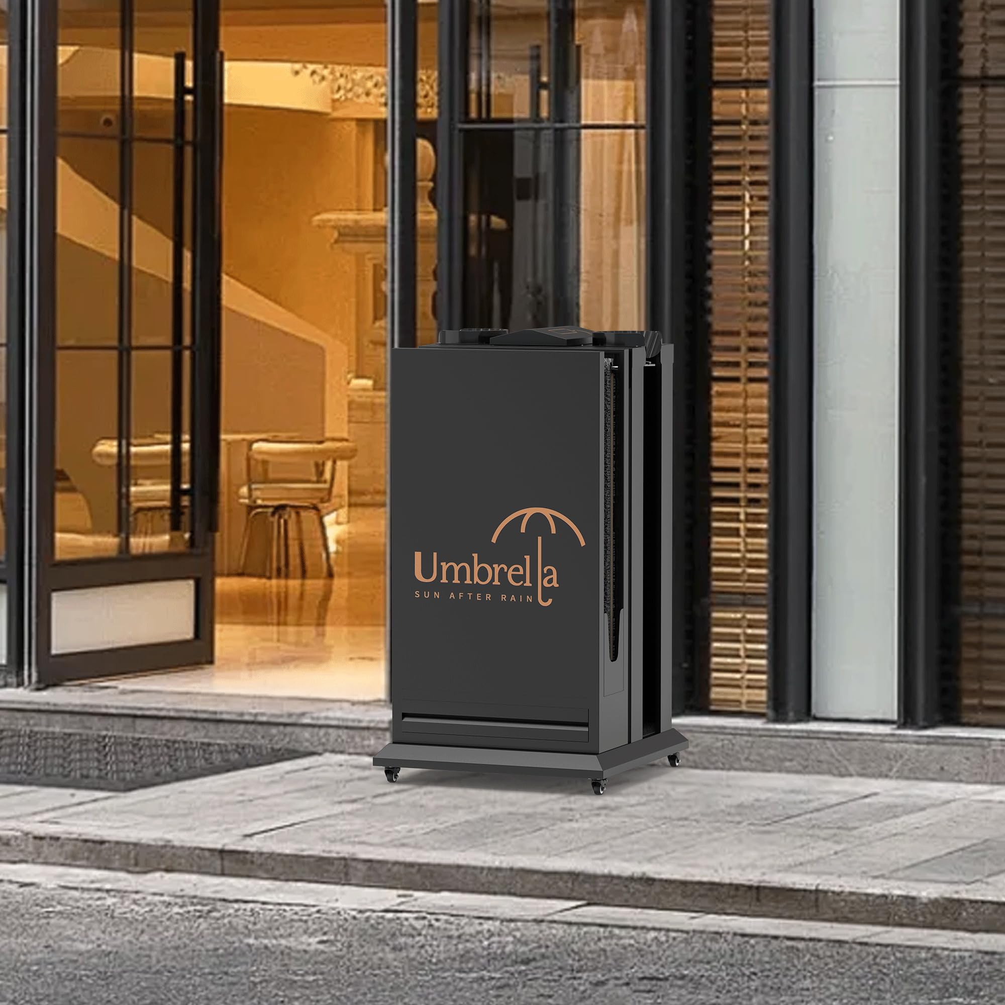 Commercial Umbrella Bag Dispenser Stand with Wheels–Dual Slot Wet Umbrella Wrapper for Long & Short Umbrellas–Metal Indoor Lobby Organizer for Office,Hotel,Supermarket