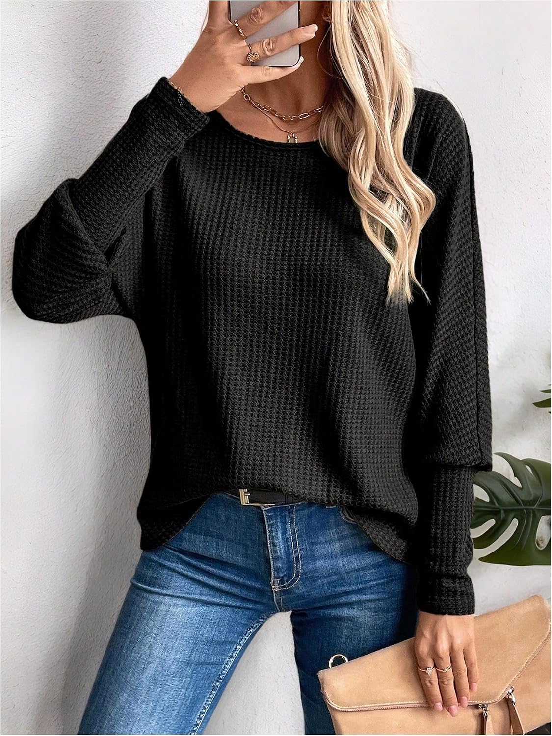 SOLY HUX Women's Long Sleeve Shirts Lace Open Back T-Shirt Casual Textured Waffle Knit Tee Tops