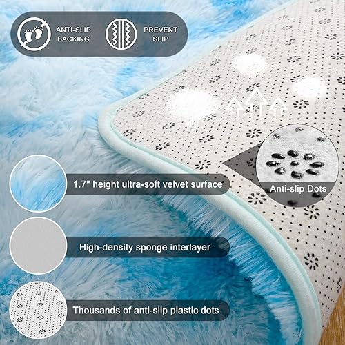 Miniatura 3 de Terrug Alfombras mullidas para sala de estar, dormitorio, 5 x 8 pies, teñido anudado azul, alfombra grande peluda, antideslizante, moderna alfombra