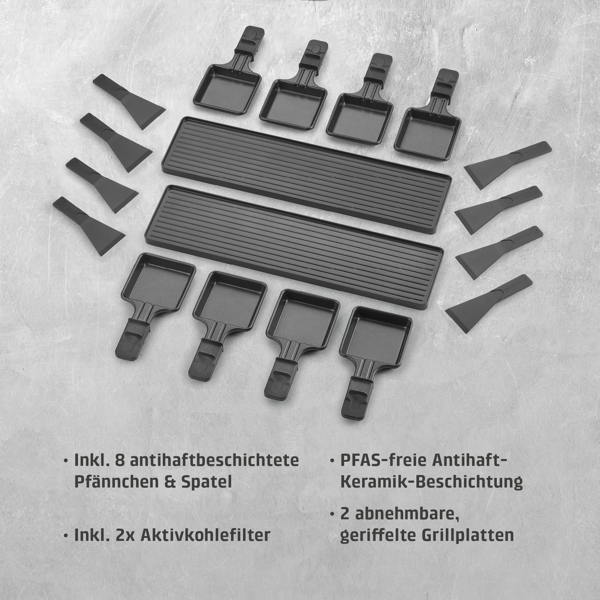 CASO Raclette AirClean - Raclettegrill mit integriertem Dunstabzug, für 8 Personen, schnelles Aufheizen, Antihaft Keramik-Beschichtung (PFAS-frei), 1500 Watt, austauschbarer Geruchs- und Kohlefilter