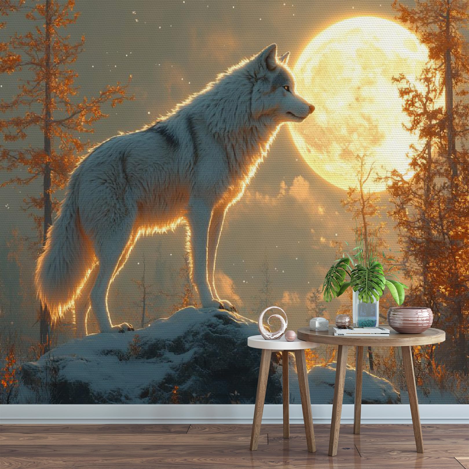 Papier peint panoramique forêt lune du loup 3D poster mural nature 150x100 cm
