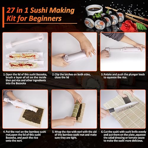 Miniatura 3 de Kit de fabricación de sushi para principiantes - Juego de rodillos de sushi bazuca 27 en 1 con alfombrillas de sushi de bambú cuchillo de sushi
