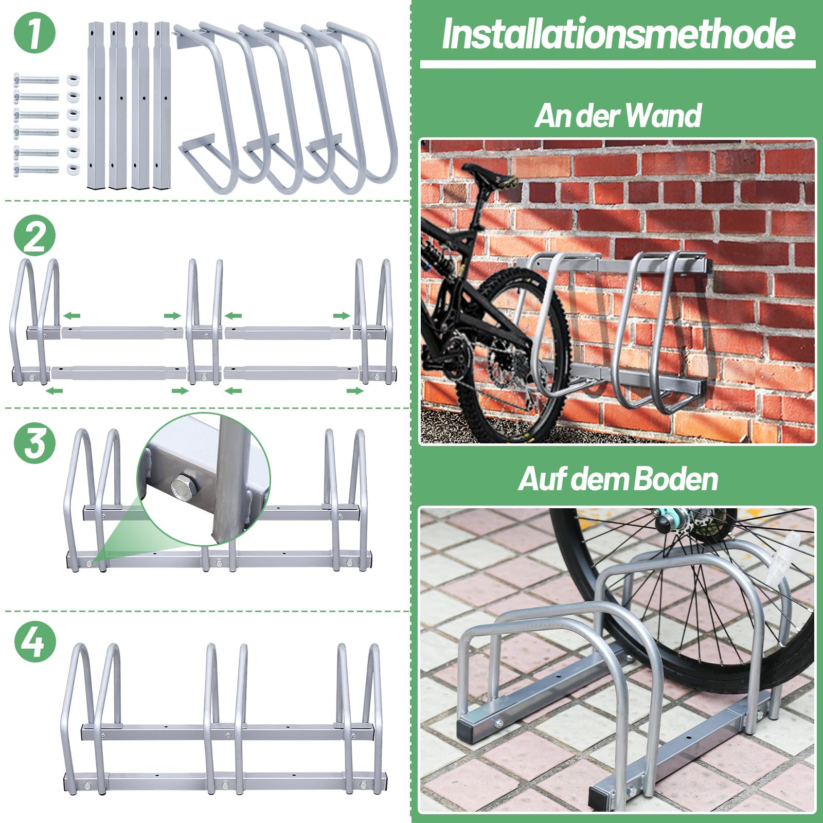 Soporte de suelo para 4 bicicletas, soporte para ruedas de acero galvanizado, ancho de neumático de 35 a 55 mm, distancia de aparcamiento de 30 cm, soporte para bicicletas para garaje, sótano, patio