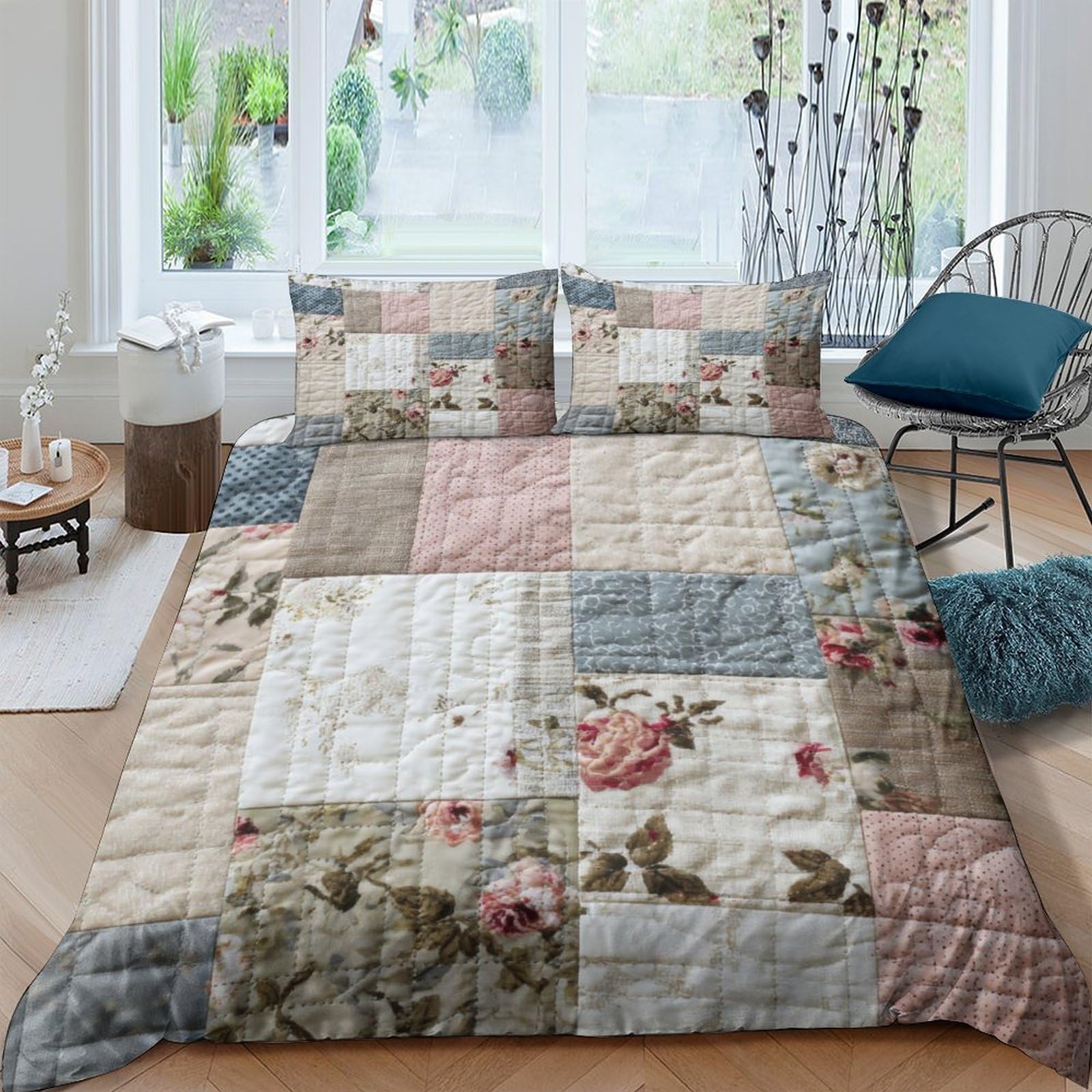 Ctjqhvkz Style-6 3D Printed Vintage Patchwork Fitted Sheet Microfiber Soft Breathable Floral Quilt Bed Cover For Bedroom Guest Room Single（135X200cm）