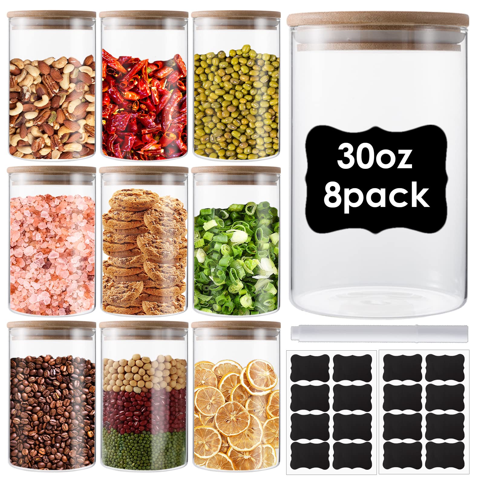 Claplante 8 Pack Glass Food Storage Containers Jars with Airtight Bamboo Lid, 30oz Pantry Organization Jar for Spice, Tea, Flour & Sugar Container, Canister Set for Kitchen Counter, Glass Terrarium