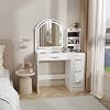 Makeup Vanity Desk with Mirror and Lights 3 Colors, Modern Dressing Table with Transparent Glass Tabletop, 4 Drawers, 3 Storage Shelves, Power Outlet, Vanity Table for Bedroom, Bathroom