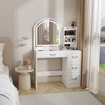 Makeup Vanity Desk with Mirror and Lights 3 Colors, Modern Dressing Table with Transparent Glass Tabletop, 4 Drawers, 3 Storage Shelves, Power Outlet, Vanity Table for Bedroom, Bathroom