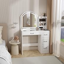 Makeup Vanity Desk with Mirror and Lights 3 Colors, Modern Dressing Table with Transparent Glass Tabletop, 4 Drawers, 3 Storage Shelves, Power Outlet, Vanity Table for Bedroom, Bathroom