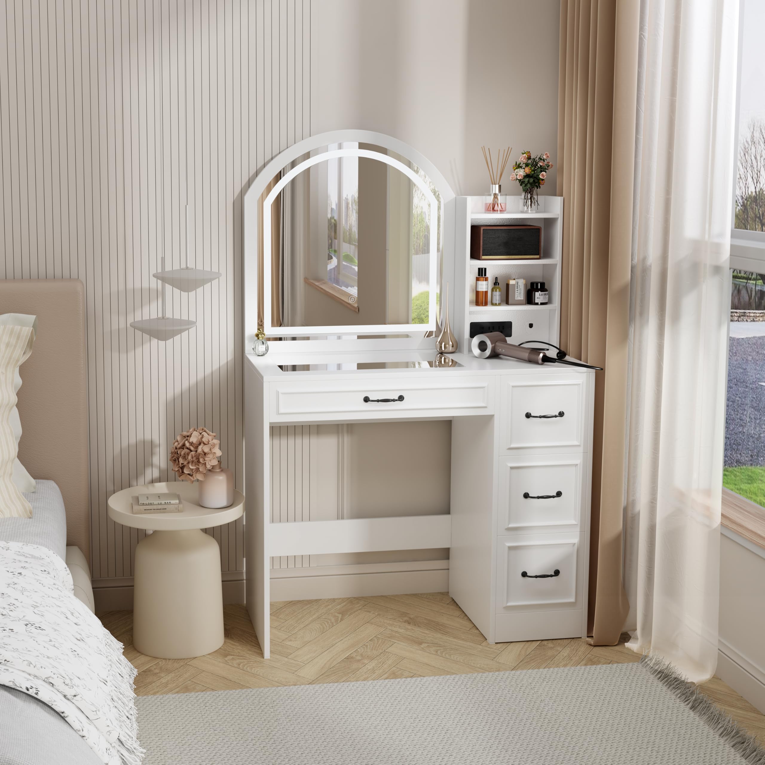 Jpiziso Makeup Vanity Desk with Mirror and Lights 3 Colors, Modern Dressing Table with Transparent Glass Tabletop, 4 Drawers, 3 Storage Shelves, Power Outlet, Vanity Table for Bedroom, Bathroom