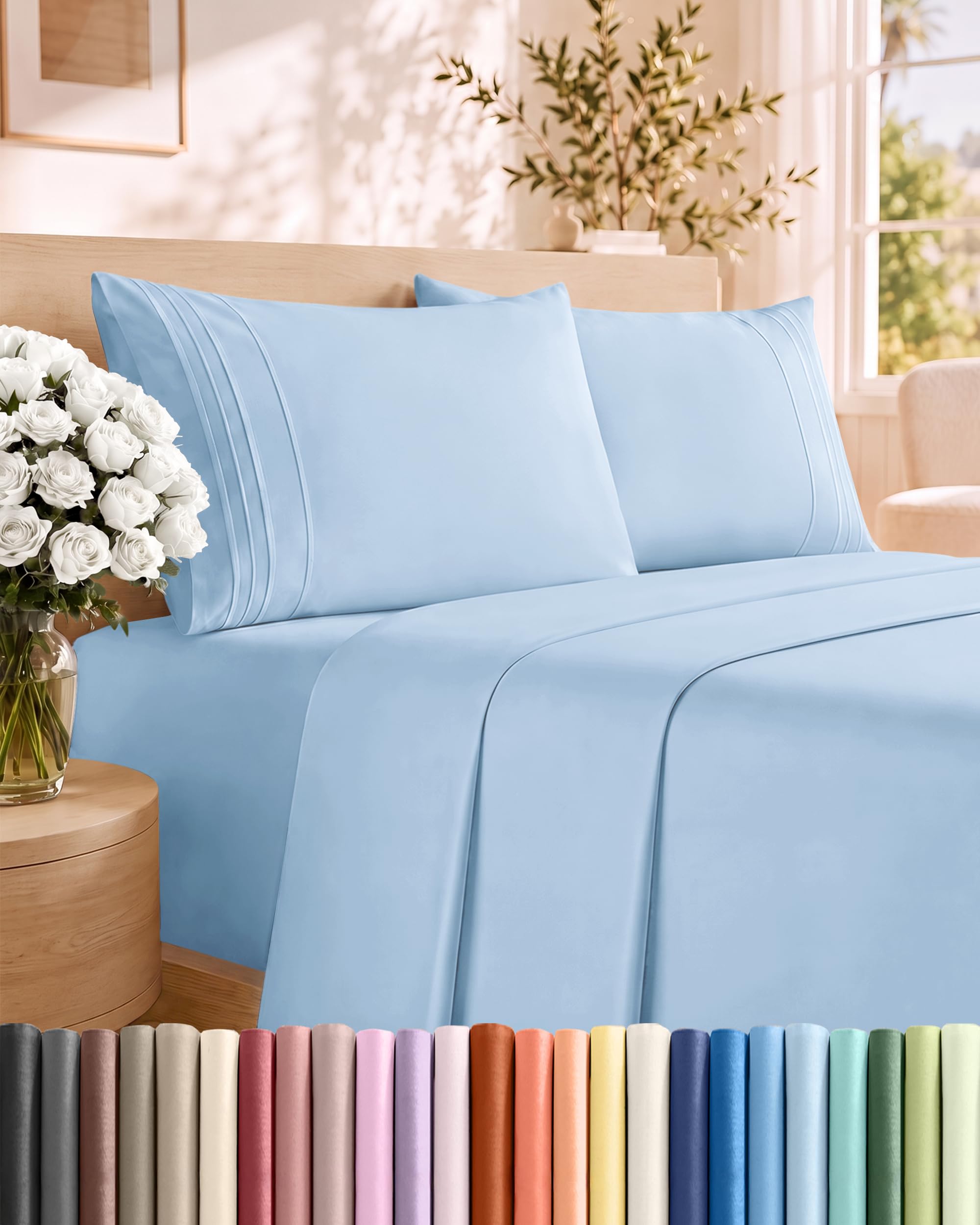 Queen Size 4 Piece Sheet Set - Breathable & Cooling Sheets - Light Blue