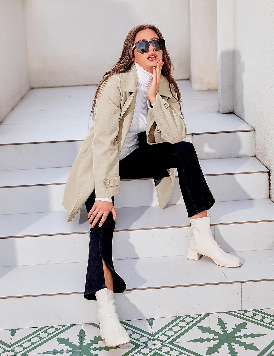 Tanming Women's Winter Double Breasted Coat Black Wool Peacoat Long Sleeve Trench Coat - Image 3