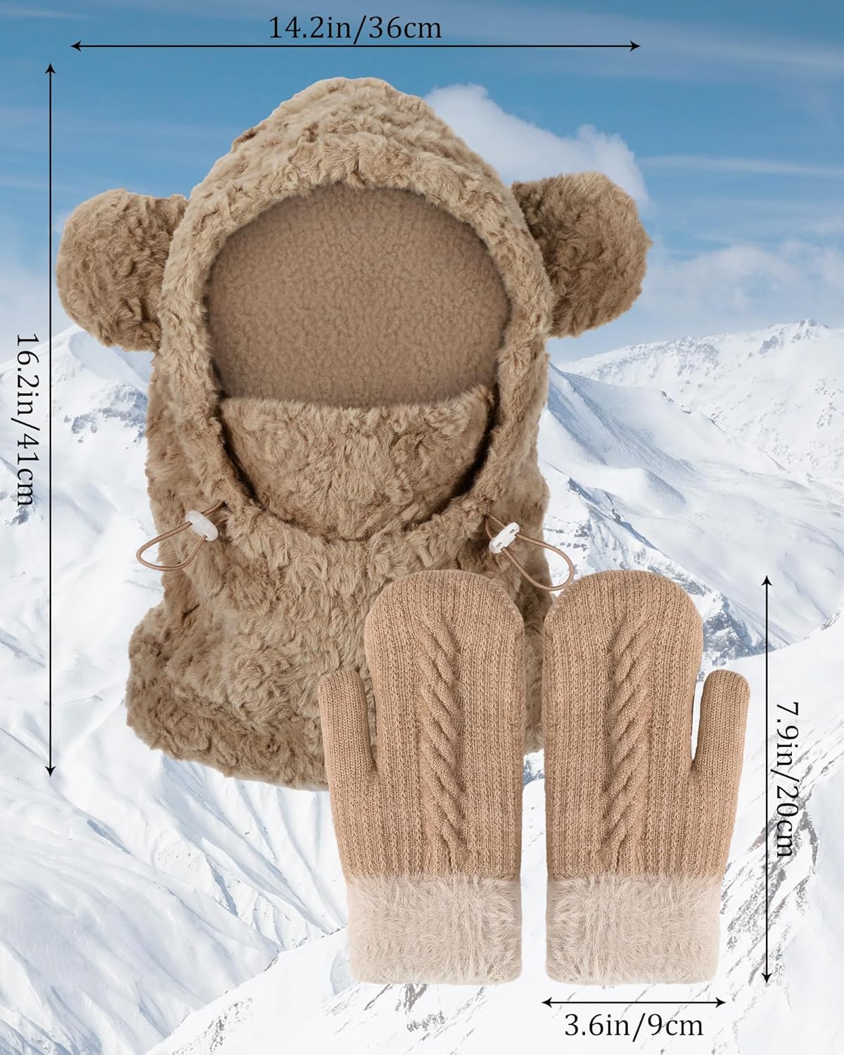 Chicingyou 2 Pcs Winter Fleece Balaclava Face Mask Knit Gloves Set for Women Bear Ear Windproof Warm Neck Cover Hood