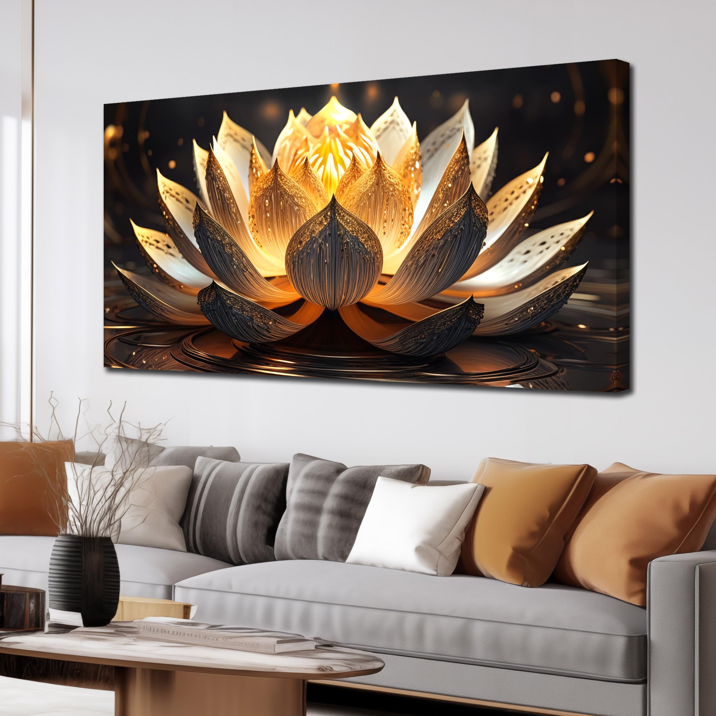 TYTAUPT Lotus Flower Wall Art Ror Living Room Large Size Gold and Brown Painting Wall Art Office 29 x 59 Inch Prints For Wall Decor For Beroom Women