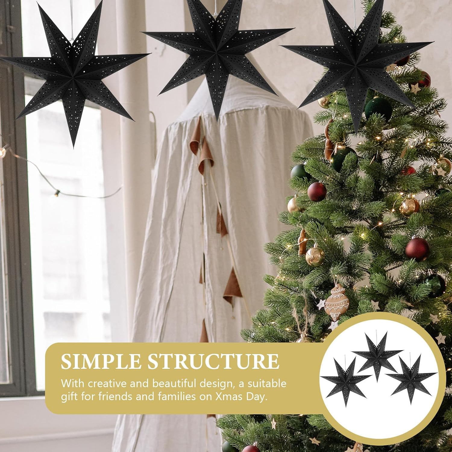 UKCOCO 3pcs Star Paper Lantern: 3D Hanging Star Ceiling Pendant, Hollow Light Paper Lampshade Replacement 7 Pointed for Christmas Tree, New Year, Party Decorations, 20 Inch, Black
