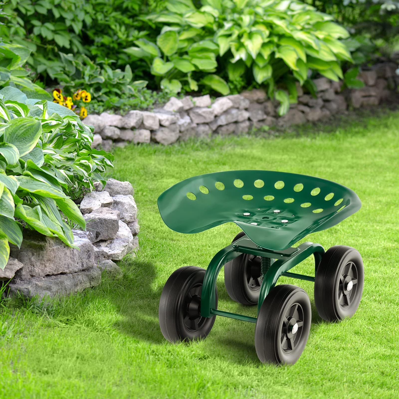 RELAX4LIFE Sgabello da Giardino con Ruote, Regolabile in Altezza, Sedia da Giardinaggio in Metallo, Portata 150 kg, per Giardino, Prato e Cortile