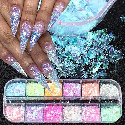 Nail Glitter Flakes, Holographic Glitter Nail Art Glitter Colorful Fluorescent Glass Paper Nail Sticker Nail Glitter for Acrylic Nails Make Up DIY Nail Decoration, Clearâ€¦