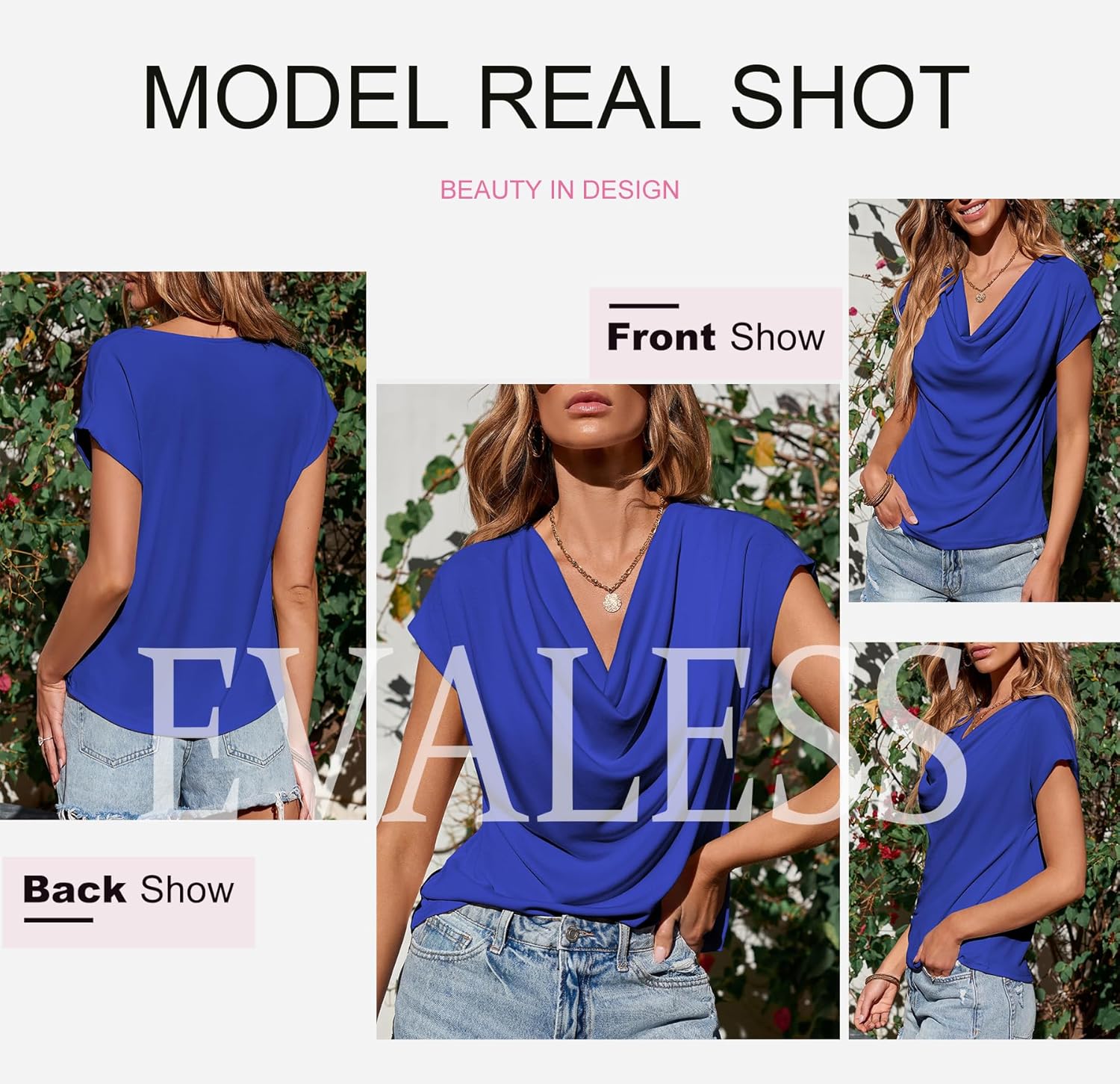 EVALESS Fashion 2026 Cowl Neck Tops for Women Dressy Casual Short Sleeve Shirts Summer Clothes Outfits - Image 5