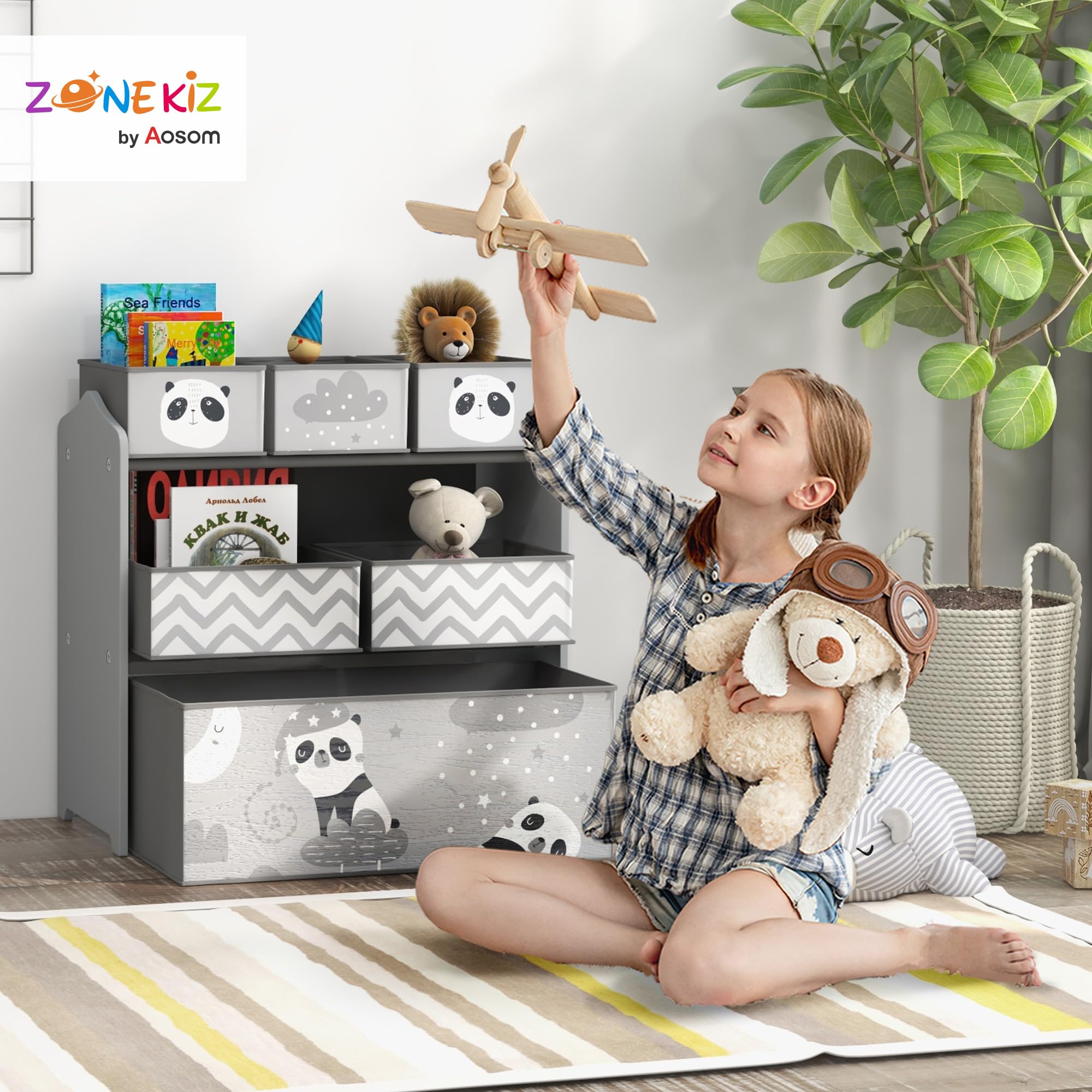 ZONEKIZ Aufbewahrungsmöbel für Kinder, Aufbewahrung für Kinderspielzeug, 6 herausnehmbare Boxen aus Vliesstoff, Bücherregal, Organizer für Spielzeug, für Spielzimmer, Kindergarten, Schule, 63 x 30 x