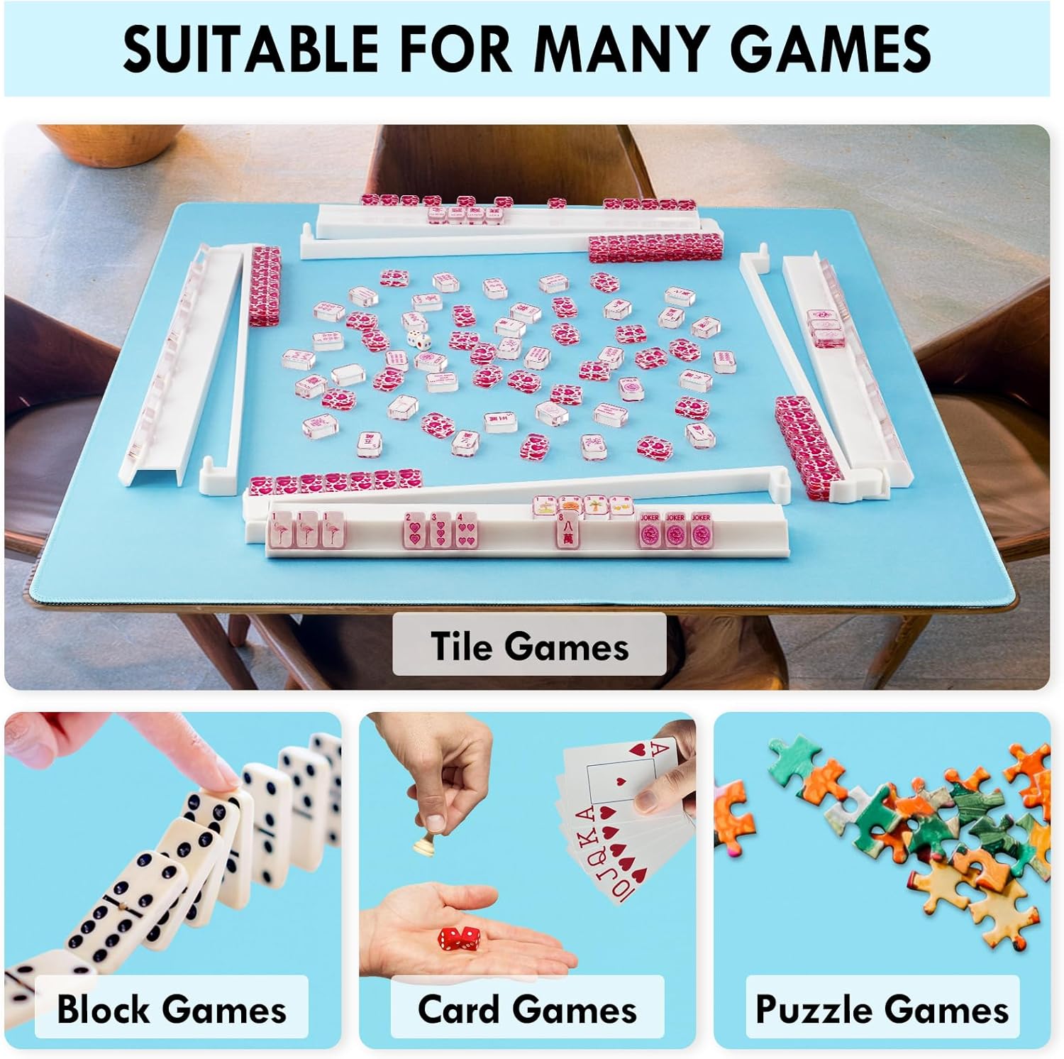 Blue Mahjong Mat - 100% No Creases American Mahjong Mat, Anti-Slip & Noise Reduction Mahjong Table Cover, Mahjong Mats with Carrying Bag for Mahjong, Poker, Card Games, Dominoes, Board Games (Blue)