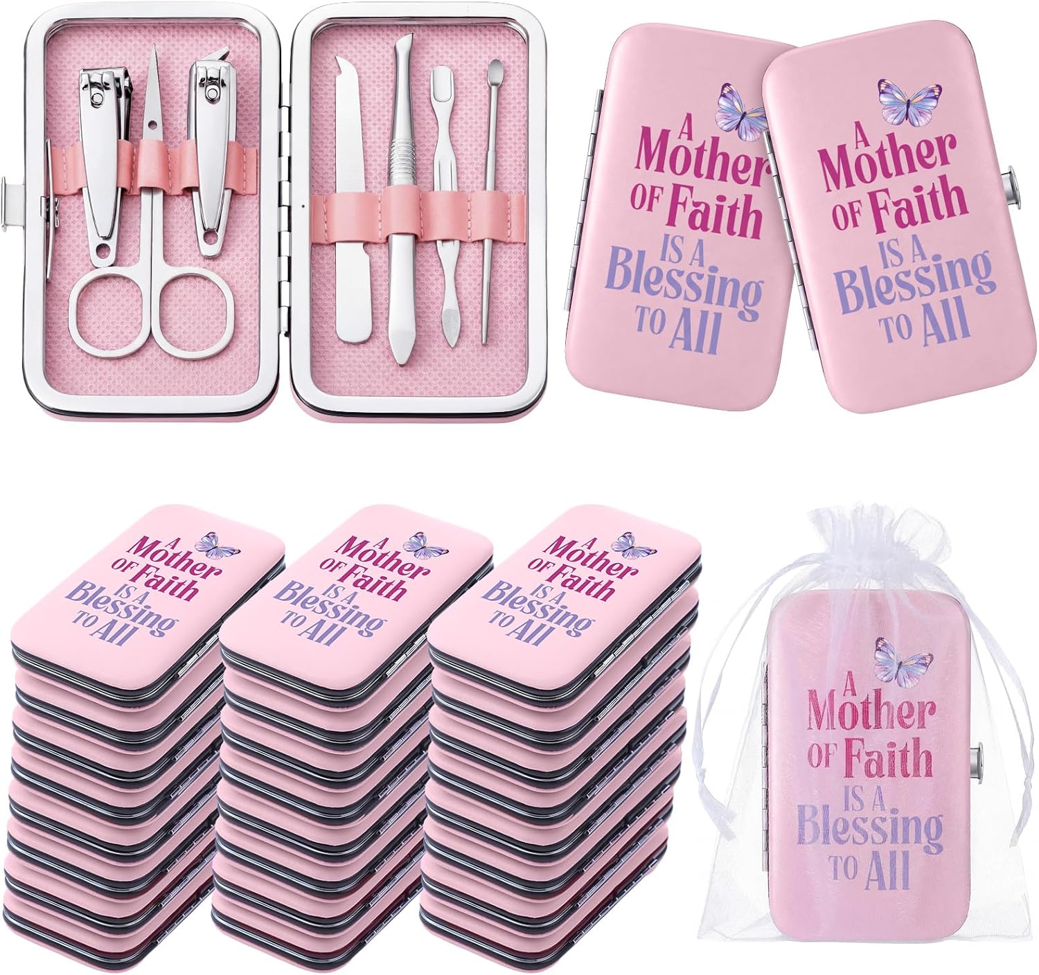 24 Pack Mother's Day Manicure Set Gifts for Women Portable 7 in 1 Nail Clippers Kit with Organizer Case and Gift Bags Mother's Day Church Christian Gifts for Mom's Party Favor