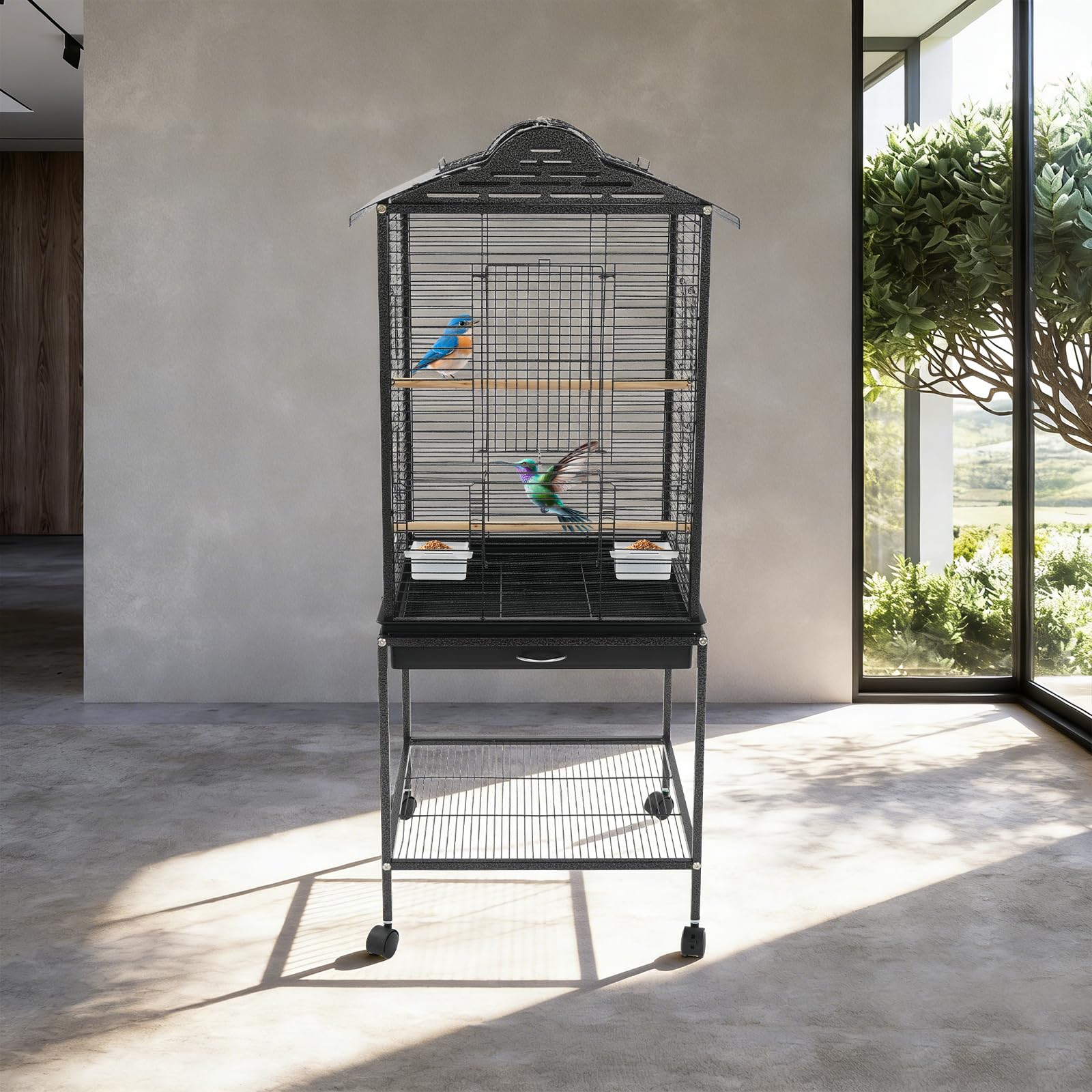 Jaula para pájaros con estante y ruedas de metal con 3 perchas, 2 cajas de alimentación y bandeja extraíble de 48 x 46 x 122 cm