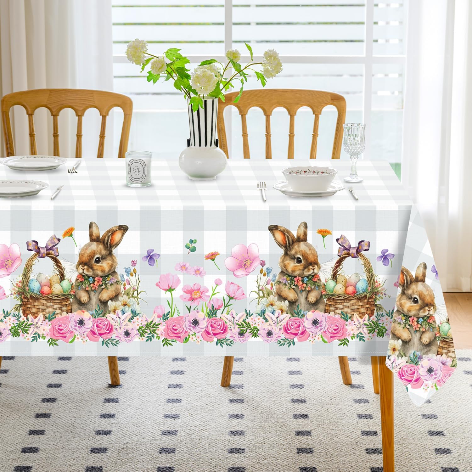 Romanstile Easter Table cloth Wipeable 200x140 cm Grey and White Gingham Tablecloth Bunny Tablecloths Small Table Cover Water Resistant for Spring Outdoor Party Birthday Coffee Decorations,79x55 inch โ image 1