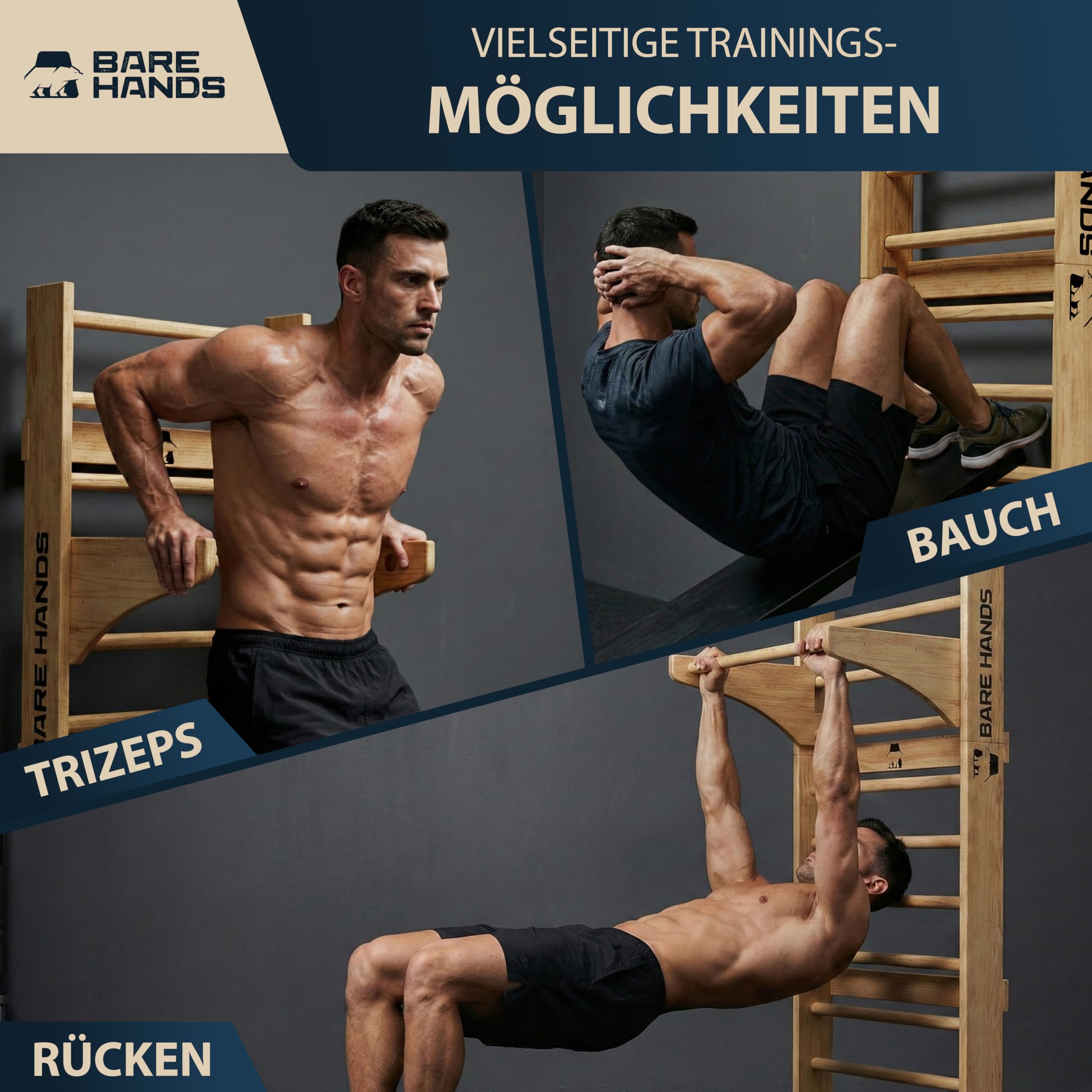 Bare Hands Sprossenwand für Erwachsene & Kinder bis 200 kg – Hochwertige Kletterwand für Zuhause & Kinderzimmer – Mit oder ohne Klimmzugstange und Dipstange erhältlich