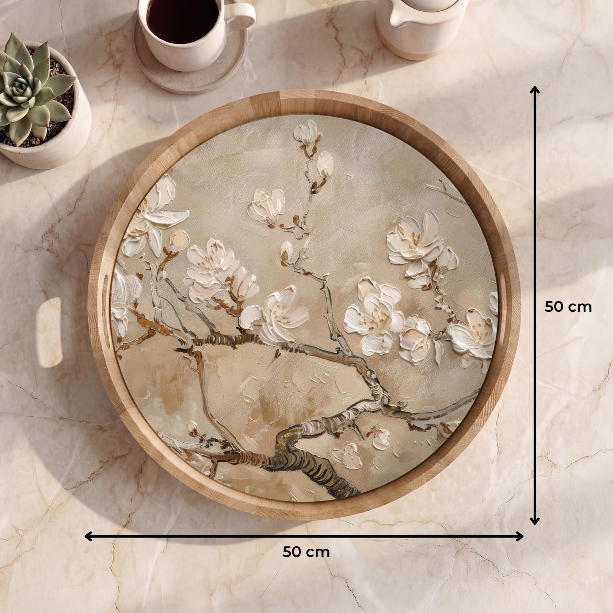 Bandeja Madera De Roble Redonda 50x50 cm Bandejas Desayuno para Servir Comida Cocina Resistente Al Calor Cafe Tray Tabuleiro Flores - Moderno - Beige - Blanco - Blossom