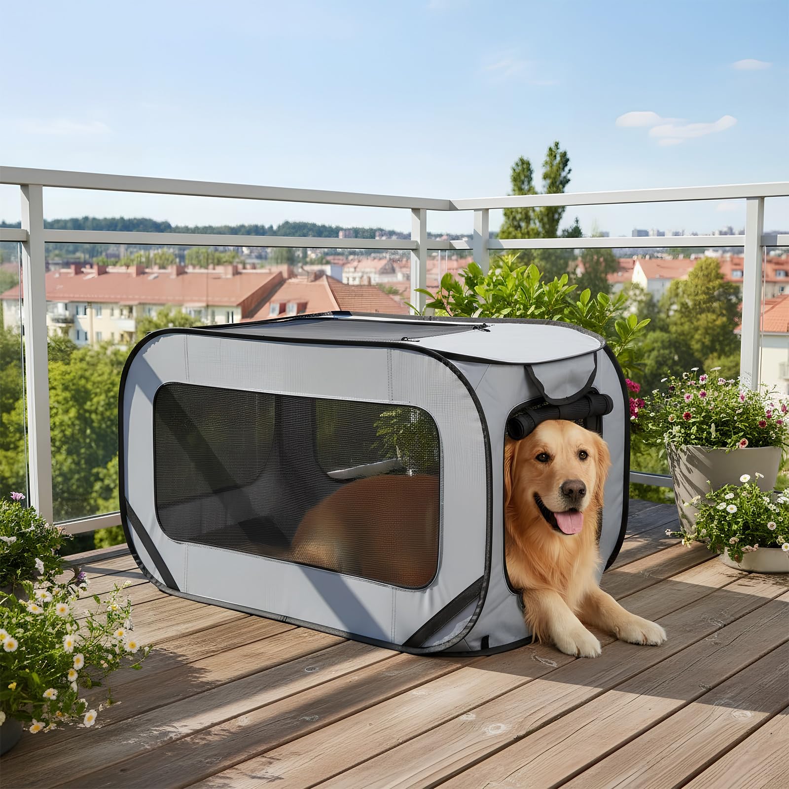 94*53*53 cm Hundetransportbox Faltbar, Doppeltüren Pop-Up-Transportbox Hund Katze, Oxford Stoff Hundebox Auto Hundetasche Robust, Tragbarer Hunde Transportboxen für Katzen & Hunde bis 29.5 kg, Grau