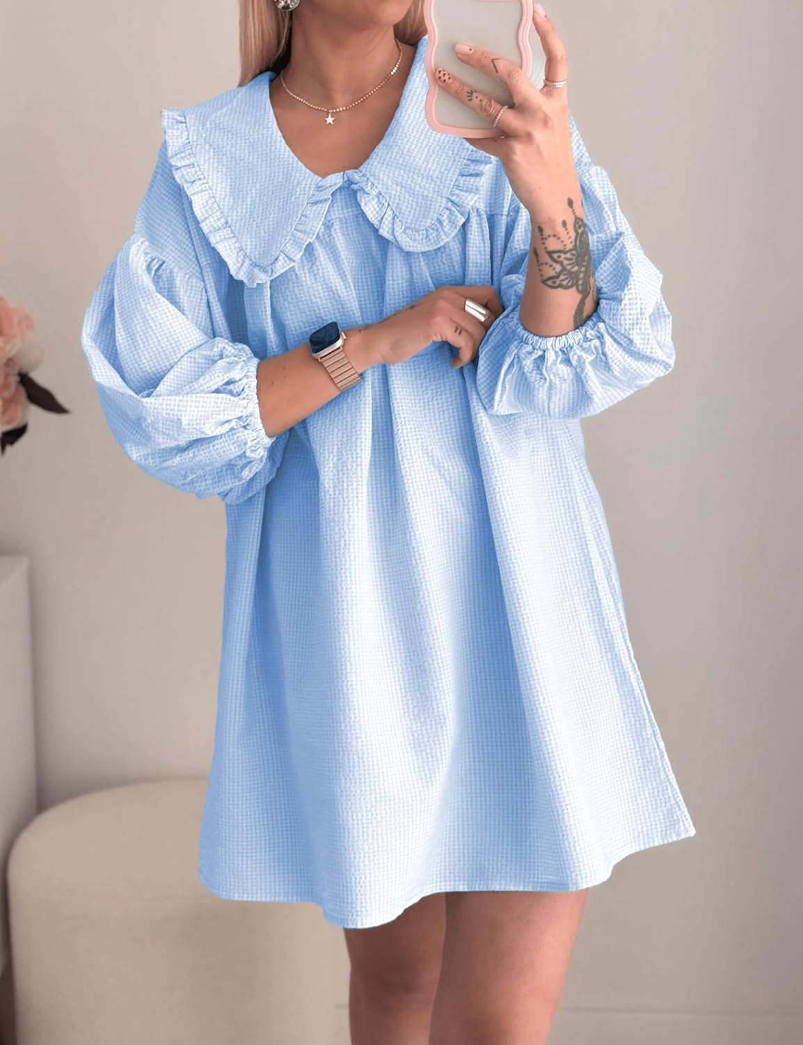 2026 Women's Babydoll 3/4 Puff Sleeve Plaid Mini Dress Lapel Doll Collar Loose Y2k Dress - Image 3